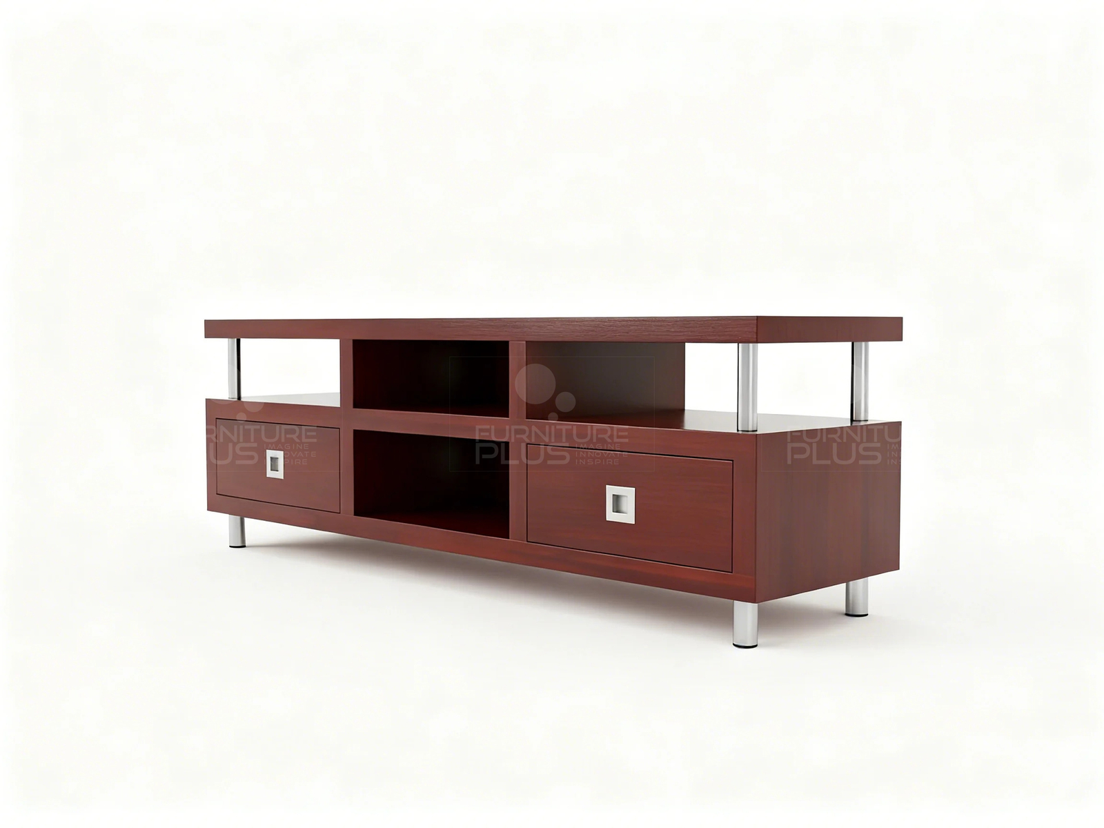 Side view of a modern, low Titanic TV stand / media console in a dark reddish-brown Mahogany wood finish. It features two drawers with square silver pulls on either side of two open central compartments. The console rests on four short, cylindrical stainless steel legs. Above the main unit, a smaller floating shelf, also in the dark Mahogany wood finish, is supported by two tall stainless steel posts