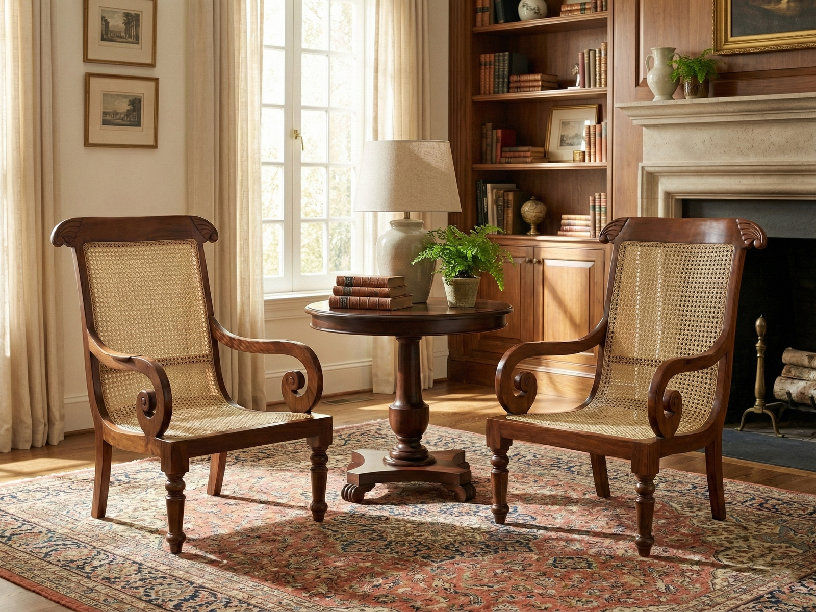 Two matching Toyo Easy Chairs, traditional colonial-style armchairs with dark Mahogany wood frames, carved top rails, and woven cane backs and seats, are positioned facing each other on a richly patterned red and blue Persian rug. They flank a round dark wooden pedestal table holding a ceramic lamp, stacked books, and a potted fern. The chairs are set in a formal living room with a large window draped in neutral curtains, a built-in wooden bookshelf, and a stone fireplace with a wooden mantel