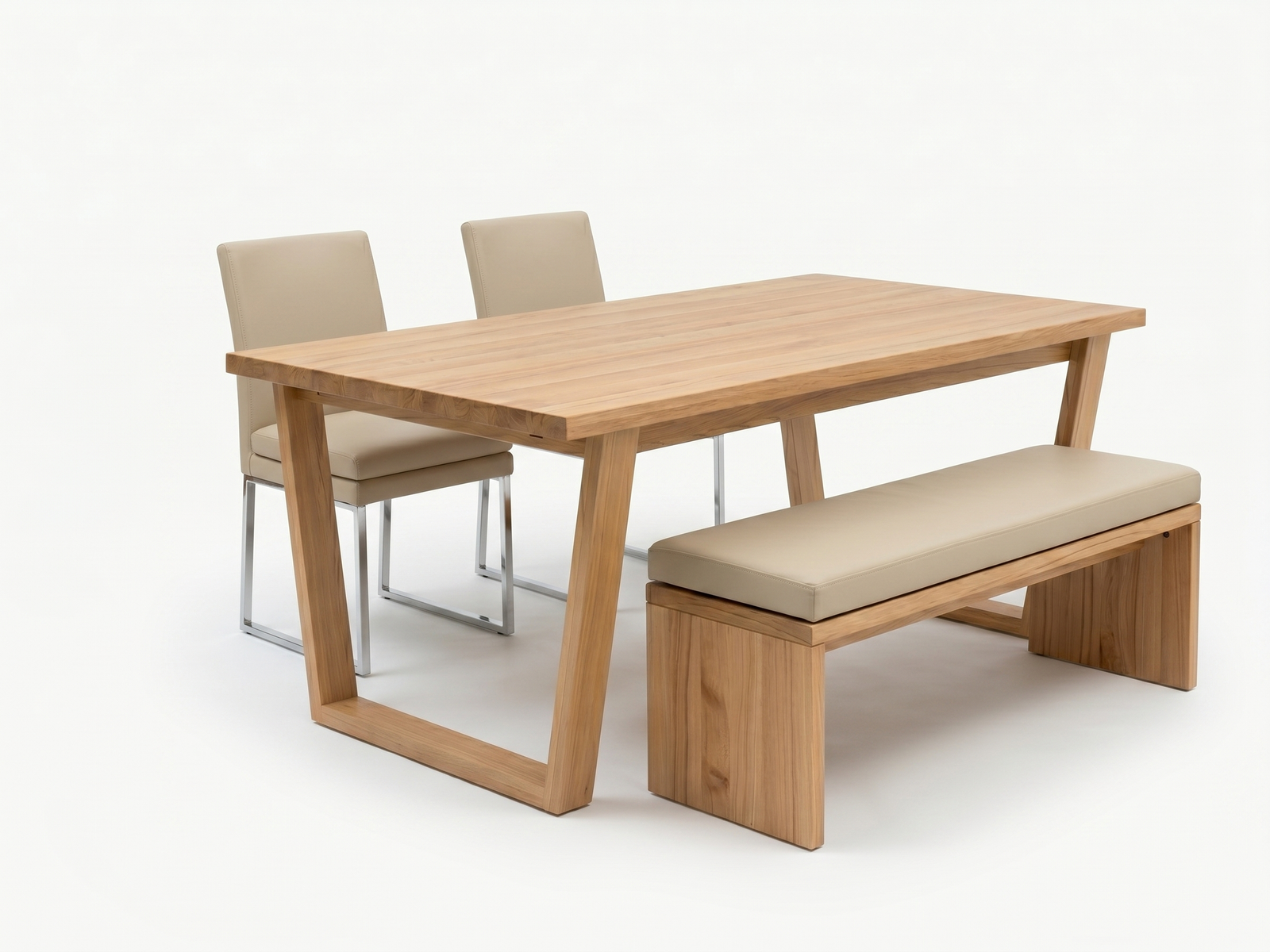 Side view of Valentino dining table with designer angled legs made of solid Mahogany timber with 2 chairs and bench