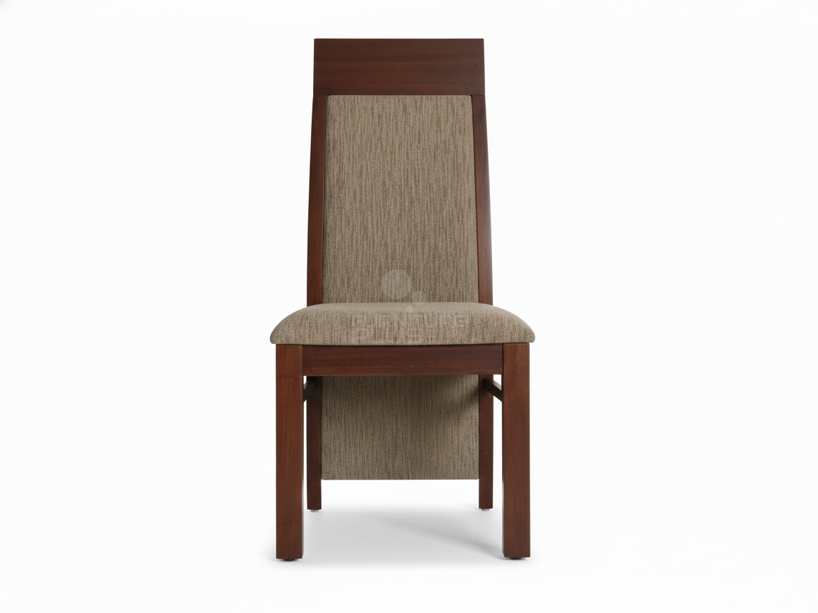 Front view of Veronica contemporary dining chair with a mahogany frame. It has a tall, square back with a floating upholstered panel insert and a matching padded seat, both covered in a neutral taupe, striped fabric