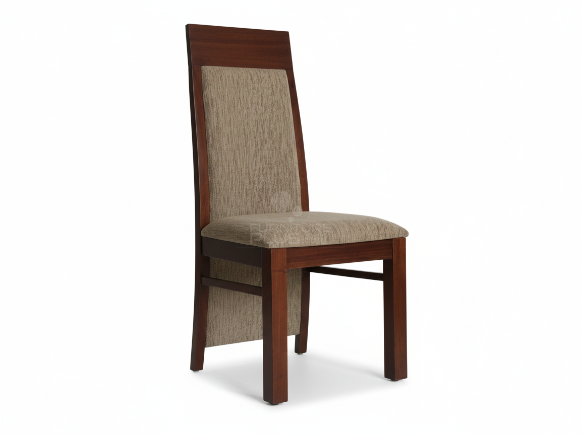 Veronica contemporary dining chair with a mahogany frame. It has a tall, square back with a floating upholstered panel insert and a matching padded seat, both covered in a neutral taupe, striped fabric