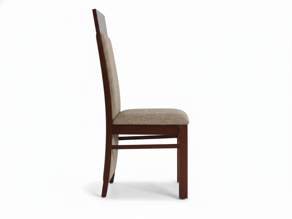 Side view of Veronica contemporary dining chair with a mahogany frame. It has a tall, square back with a floating upholstered panel insert and a matching padded seat, both covered in a neutral taupe, striped fabric
