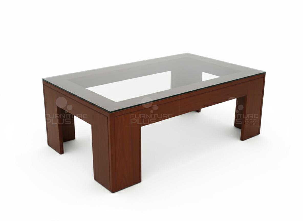 Side view of rectangular William coffee table made out of solid Mahogany timber with grove pattern on legs and glass top