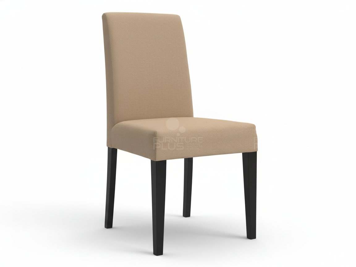 Jenifer contemporary dining chair featuring a straight, high back and square seat, all covered in a neutral-toned basketweave-look fabric. The chair has contrasting dark espresso or black exposed wooden legs