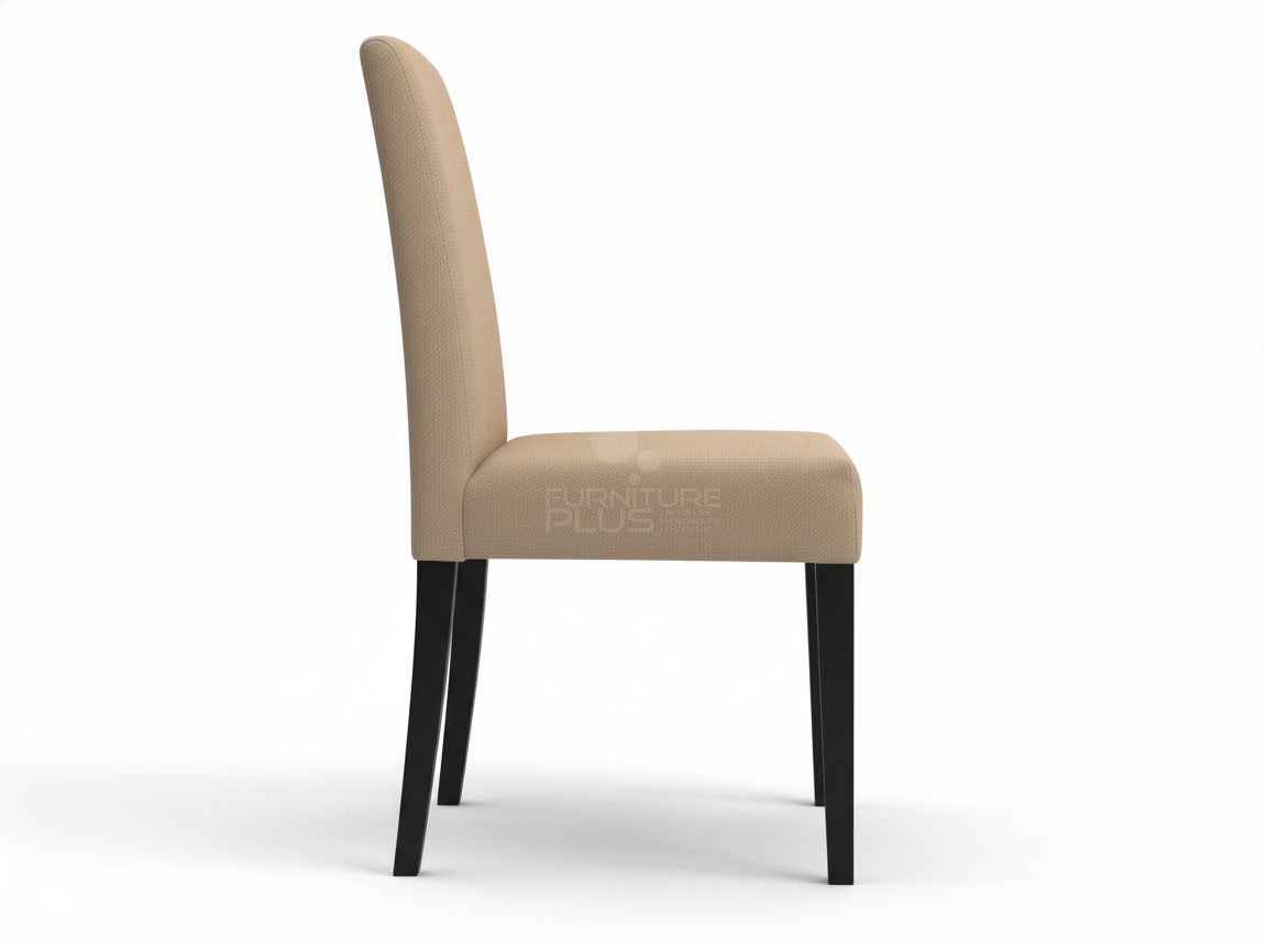 Side view of Jenifer contemporary dining chair featuring a straight, high back and square seat, all covered in a neutral-toned basketweave-look fabric. The chair has contrasting dark espresso or black exposed wooden legs