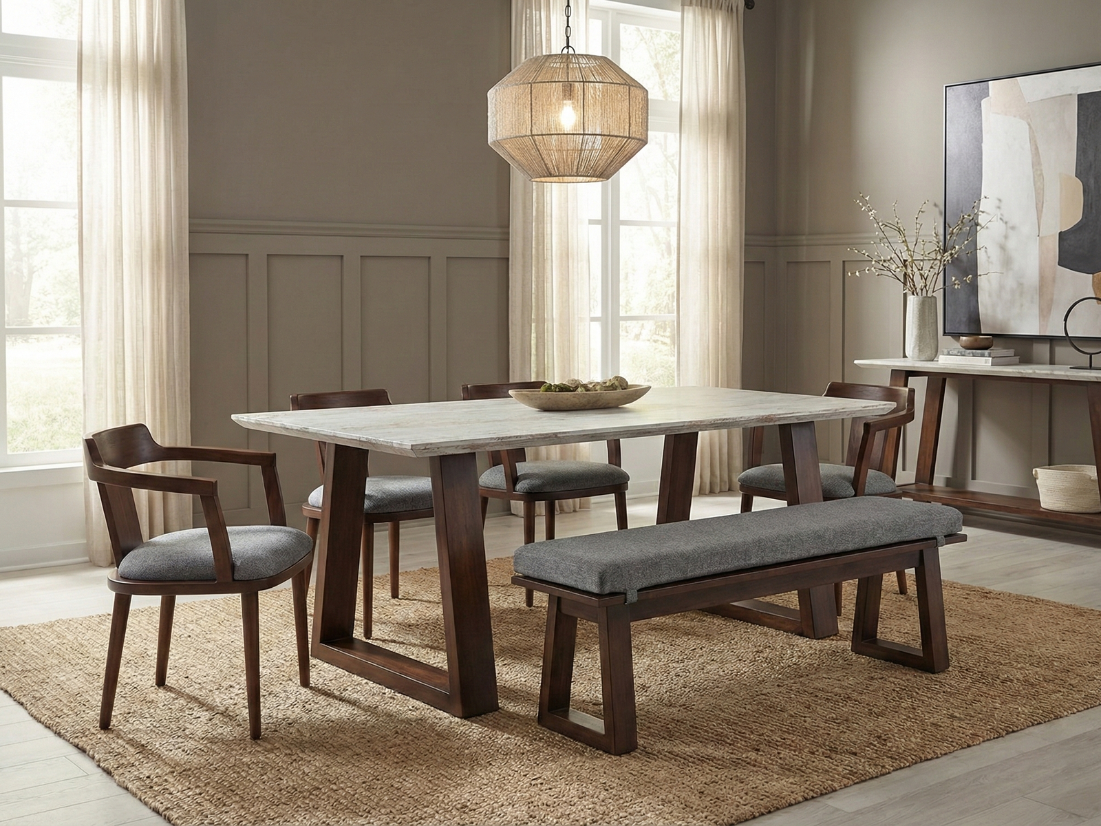 Side view of Logan dining 8 seater table with solid top in rustic finish joined to designer legs made of solid Mahogany timber with matching bench with removable cushion and five dining chairs