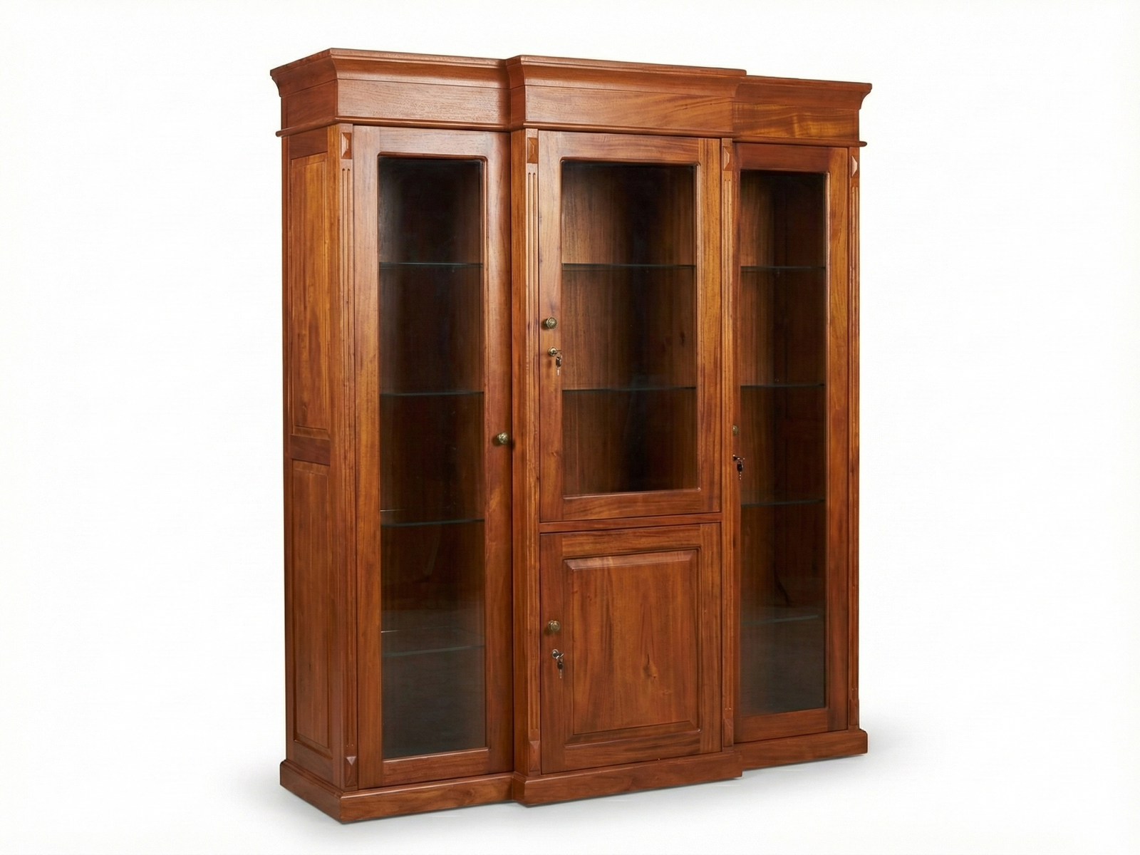 Side view of a tall, mahogany-toned Baker 3 liquor or display cabinet, featuring three vertical sections. The outer two sections have full-length glass doors, and the center section has a glass door above a solid wooden storage base, all with interior glass shelving