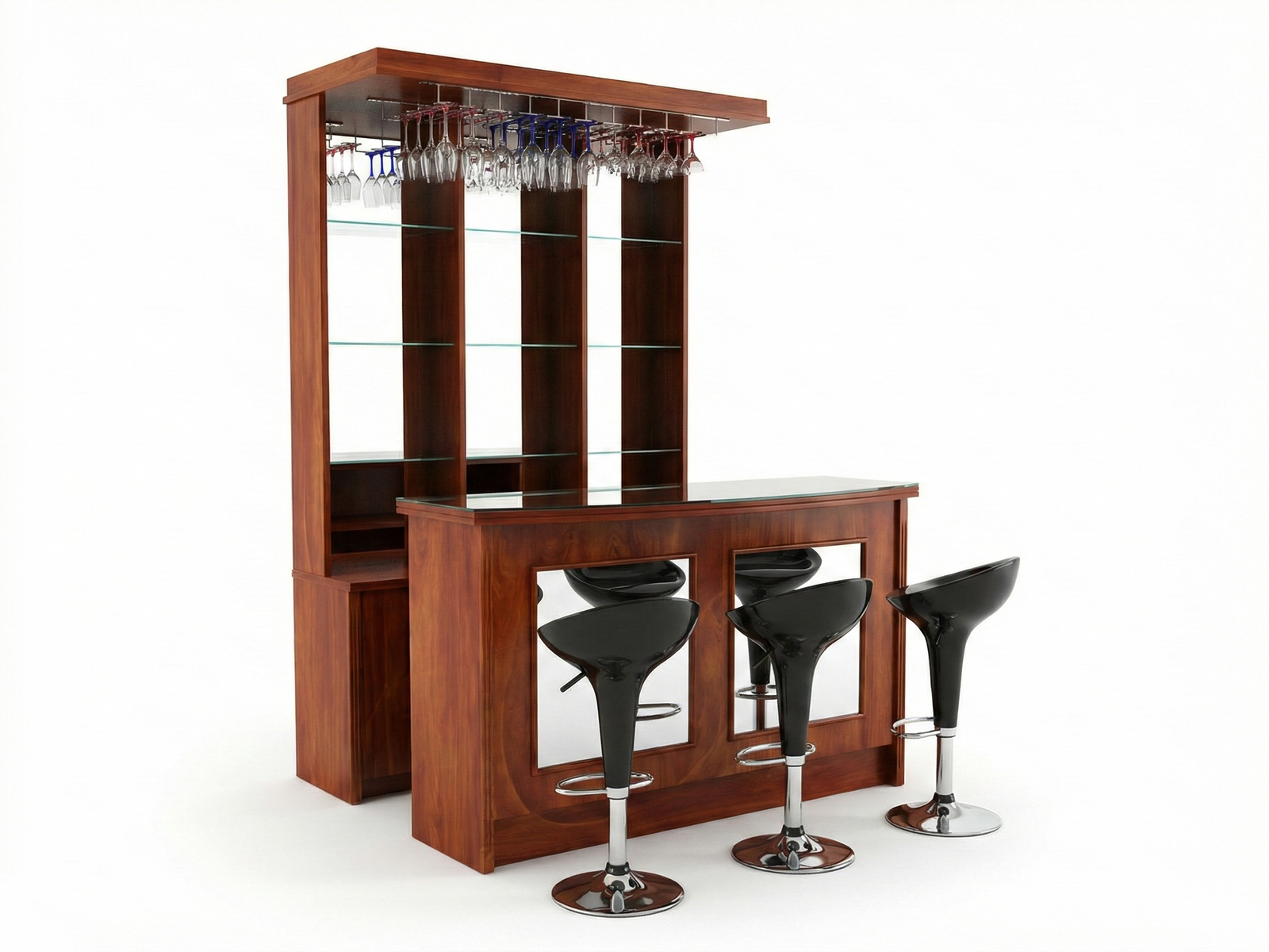 Side view of a contemporary home Belvedere bar unit made of polished reddish-brown Mahogany wood. It features a tall back unit with overhead glass rack holding wine glasses, mirrored shelves, and a lower serving counter with a mirrored front. Three black, height-adjustable bar stools with chrome bases are positioned in front