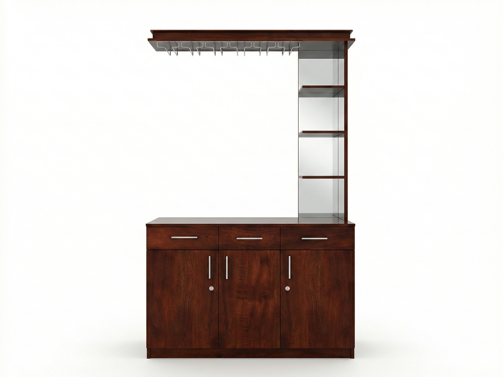 Front view of a dark-stained Mahogany wooden Crown bar unit with a functional design, featuring a wide lower section with three drawers and three storage cabinets. A narrow, tall hutch section extends upward, offering three open display shelves and an overhanging wooden canopy with a metal stemware rack