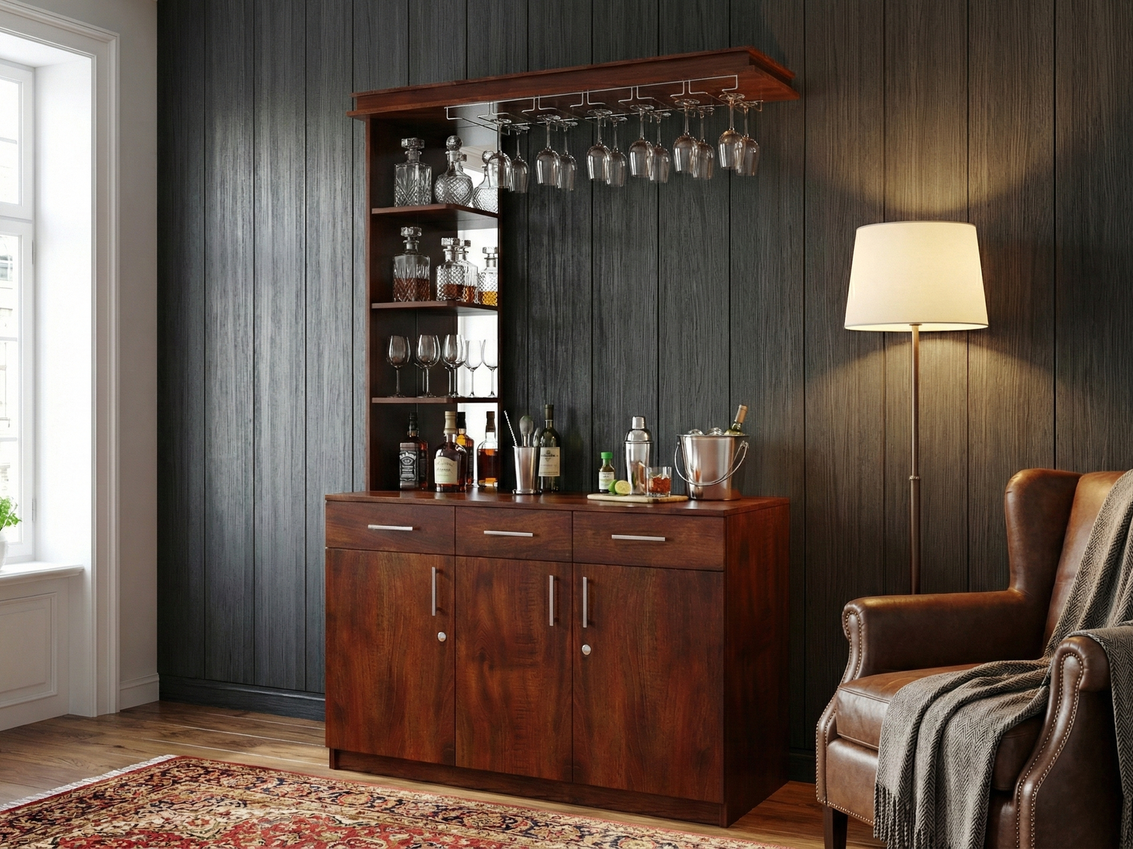 Stately, traditional wooden Crown liquor cabinet with detailed trim and a central lower storage door. The cabinet is the focal point of a richly decorated room, featuring a dark leather club chair, an antique-style rug, and framed period maps, evoking an old-world library aesthetic