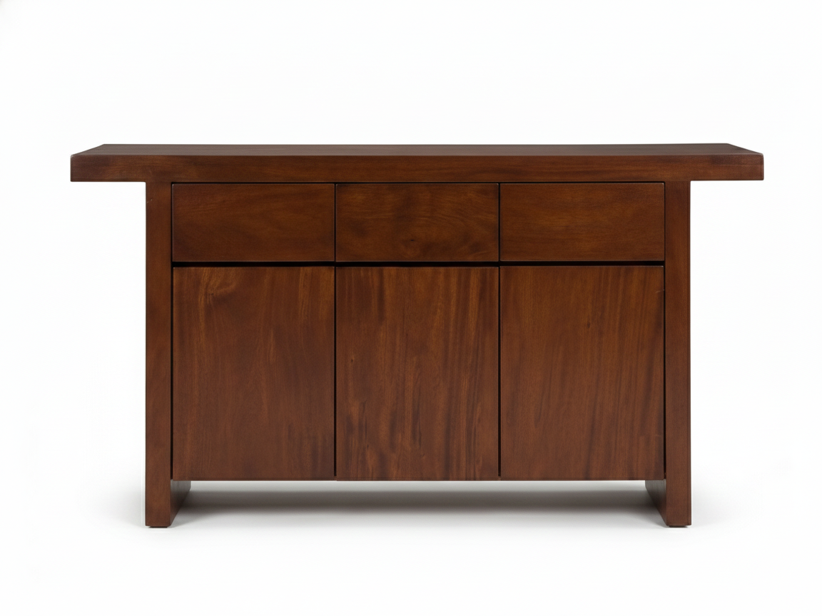 Front view of a minimalist, modern wooden Daniel sideboard, made of rich, dark-stained wood Mahogany, featuring simple, recessed drawer and door fronts without visible hardware. The piece stands on short, squared legs