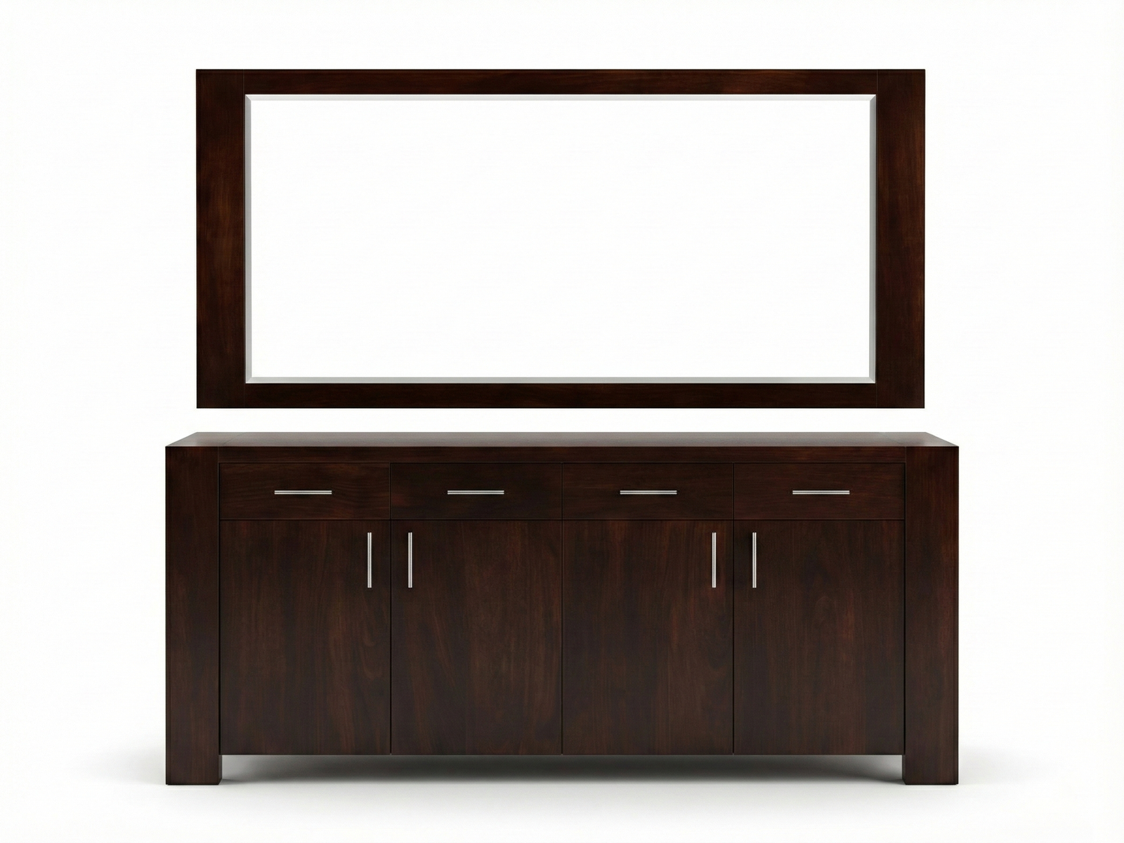 Front view of a contemporary wide, low Exodus TT sideboard with a dark Mahogany finish, featuring eight pieces of silver hardware, paired with a large, thick, rectangular frame mounted above the unit