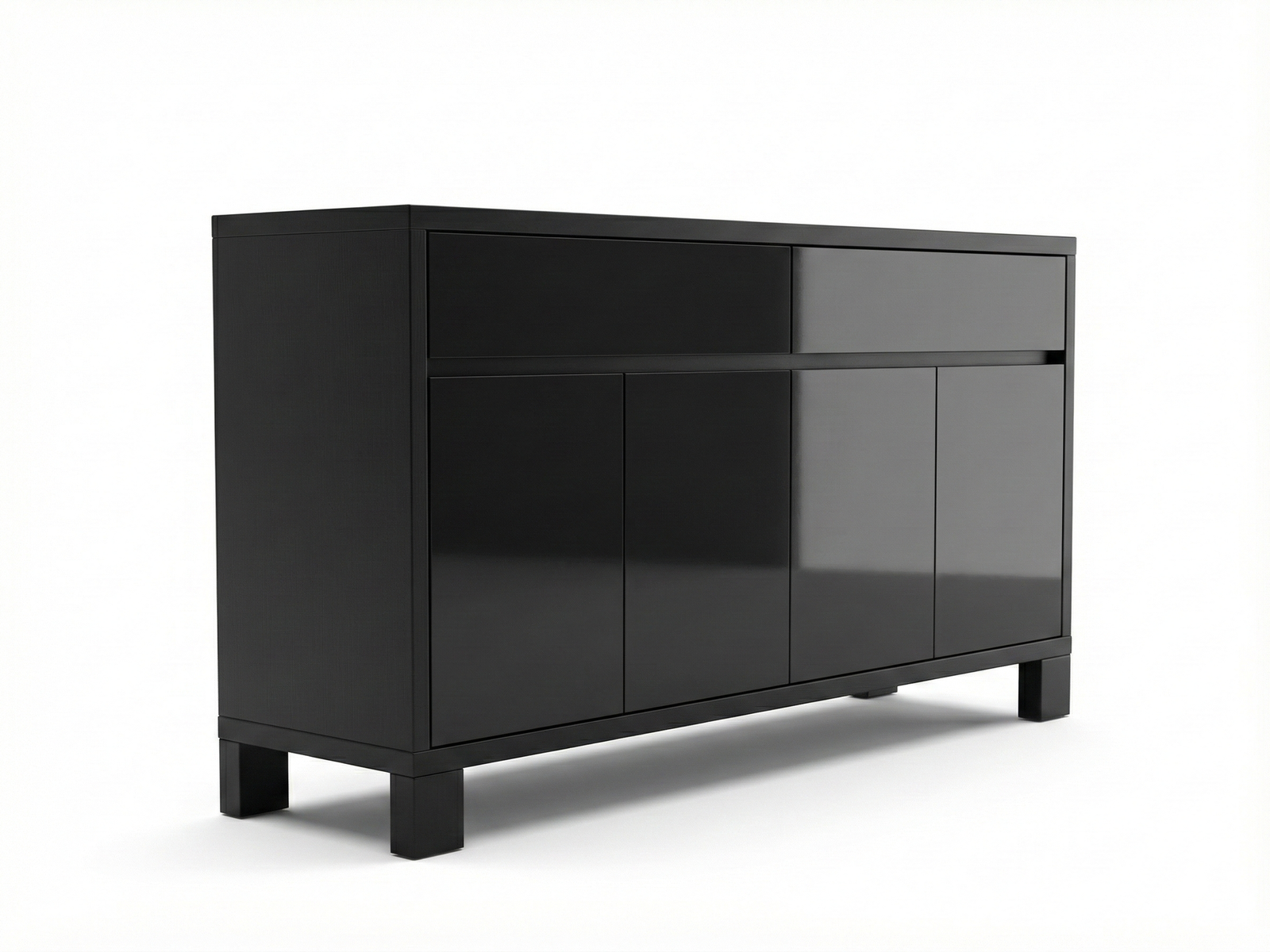 Side view of a sleek, minimalist black Ezra sideboard with a high-gloss lacquer finish. The design features a symmetrical arrangement of four handleless doors on the bottom and a recessed top section divided into two open, dark storage areas, all set against a pure white background