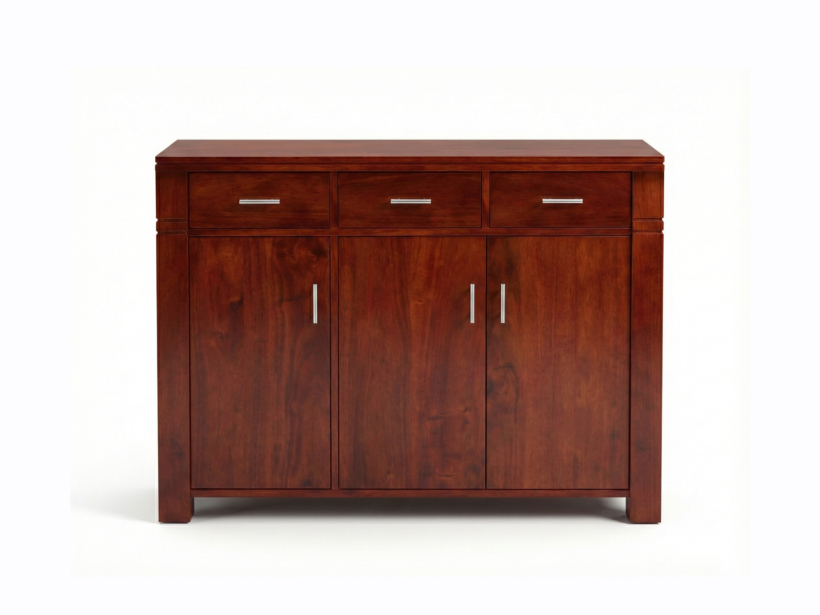 Front view of a classic dark wood Genesis buffet cabinet with a framed top edge. The piece has a three-over-three configuration (three drawers above three doors) and is finished with brushed silver hardware on all fronts, standing on a white background