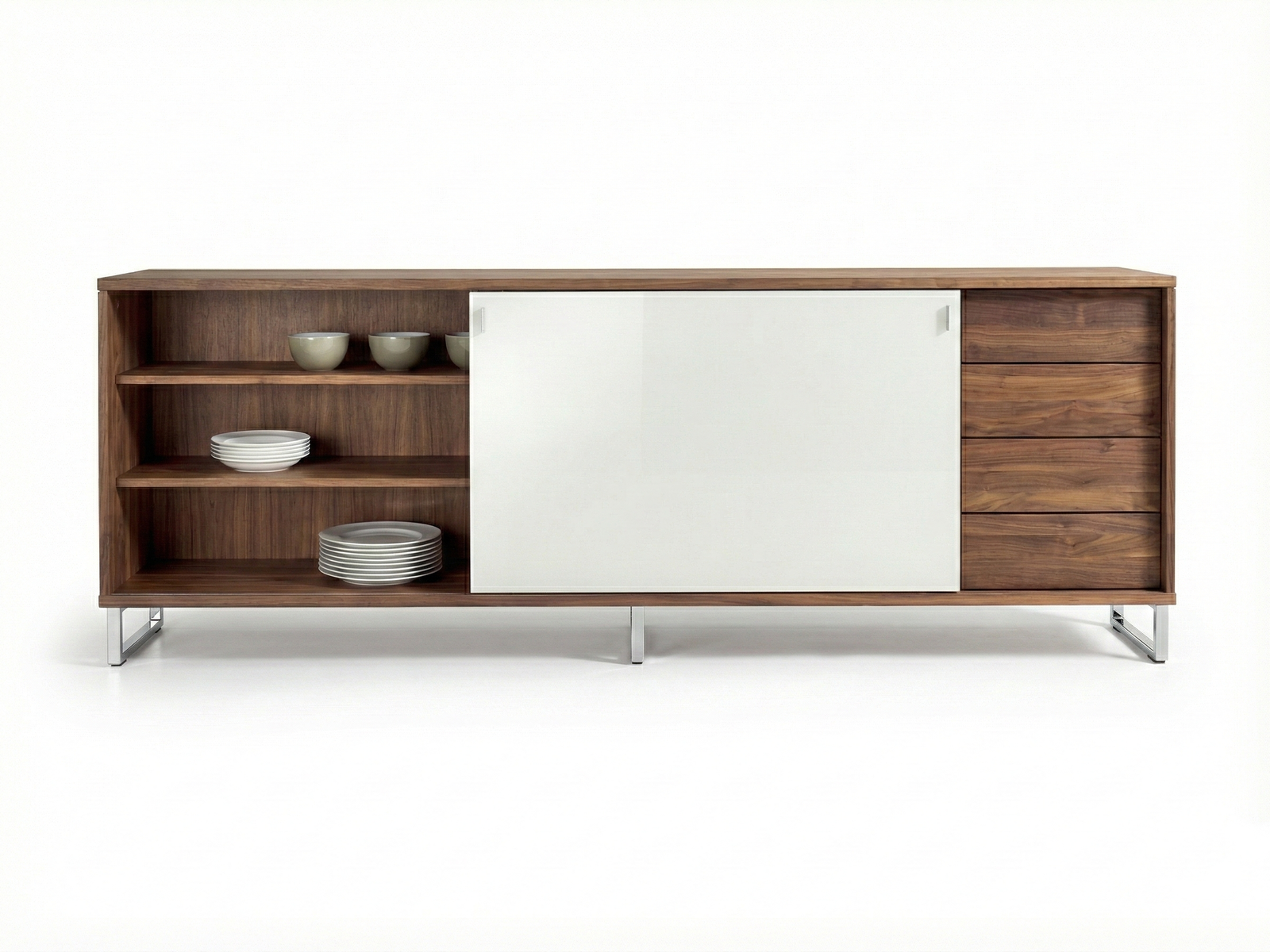 Front view of a contemporary Mahogany Jobe SS sideboard with asymmetrical storage, including open cubbies, a large white lacquer sliding door, and a column of four wooden drawers. The unit is supported by minimalist metal feet