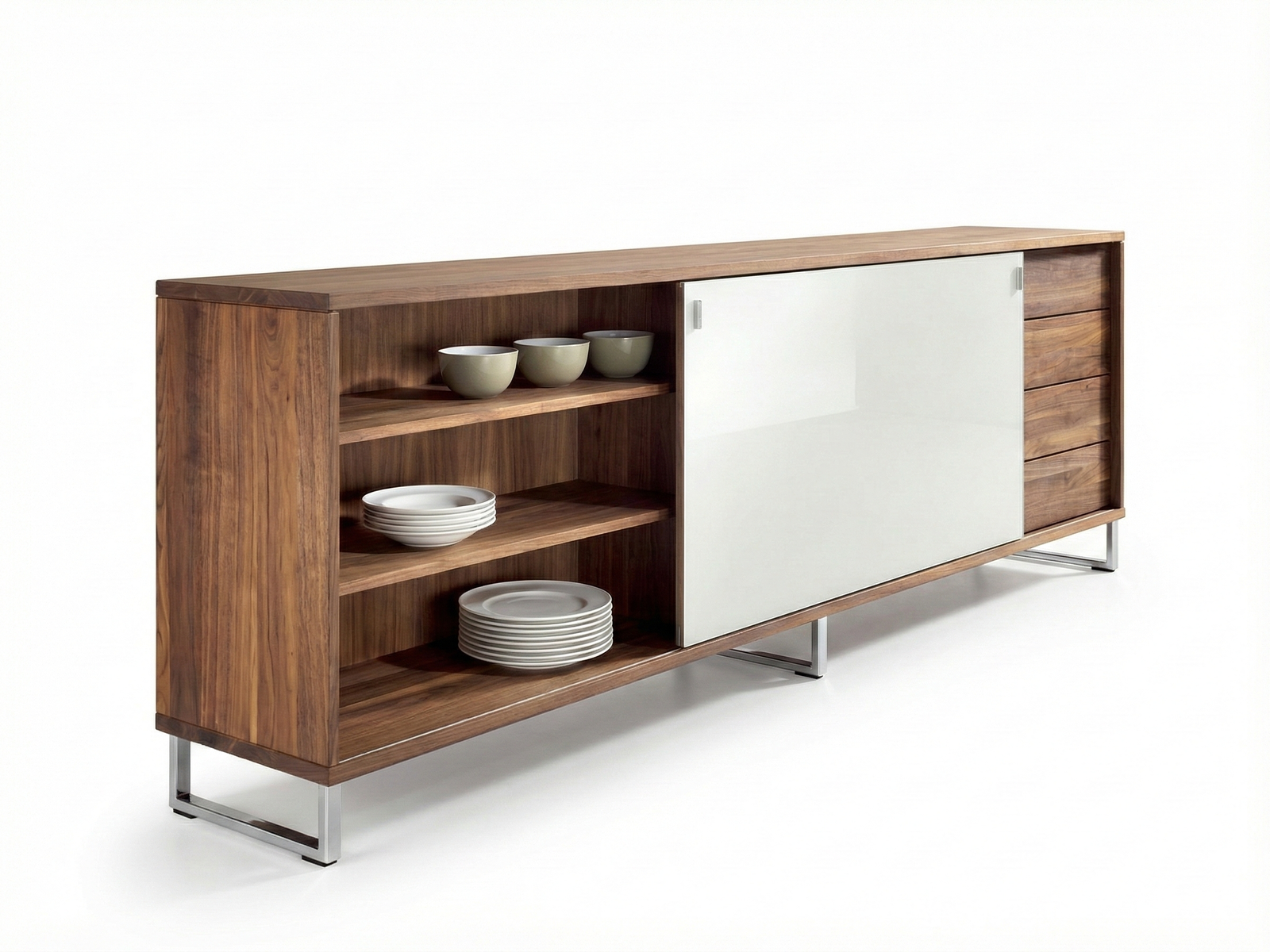 Side view of a contemporary Mahogany Jobe SS sideboard with asymmetrical storage, including open cubbies, a large white lacquer sliding door, and a column of four wooden drawers. The unit is supported by minimalist metal feet