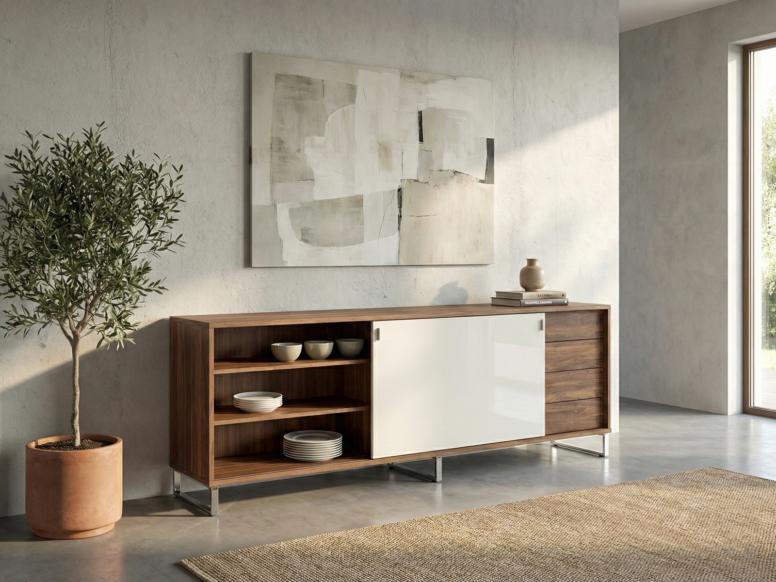 A contemporary interior scene featuring a low, dark Mahogany sideboard (Jobe SS Side Board) against a light gray textured wall. The sideboard has open shelving, a white sliding door, and four drawers. It is staged with a vase and books, and a large abstract painting hangs above it. A potted indoor tree and a textured rug are also visible
