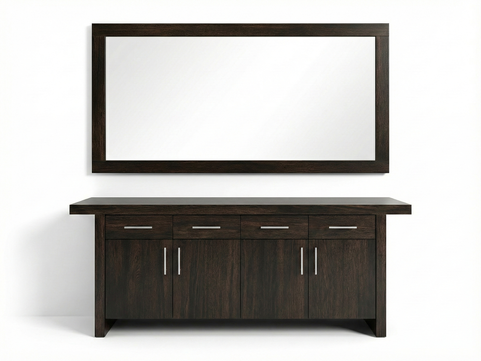 Front view of a modern, low-profile wooden Joshua sideboard with three sections: open shelves on the left displaying dinnerware, a large central section with a white sliding door, and four stacked wooden drawers on the right. The cabinet rests on slim, squared metal legs against a white background