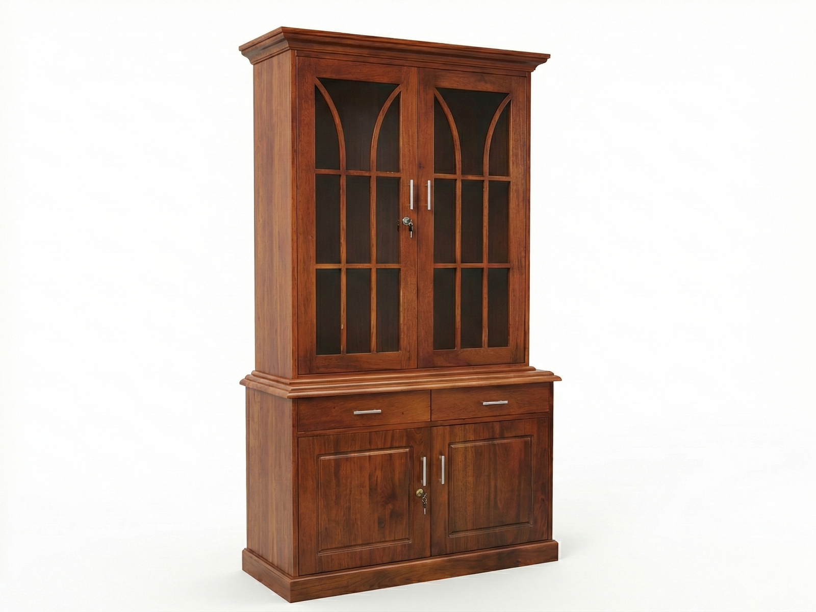 Side view of a dark-stained traditional wooden Kentone 2 Silver cabinet featuring an upper hutch with two glass doors, each having an arched top and decorative mullions. Below are two drawers with silver handles and two solid wooden cabinet doors for base storage