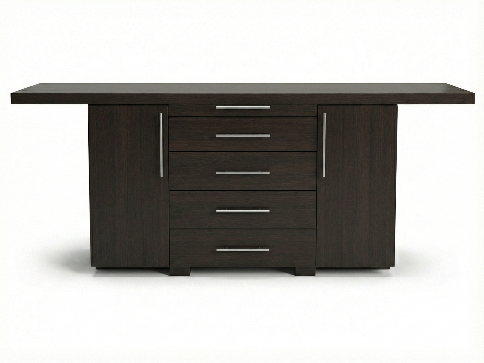 Front view of a dark espresso-colored wooden sideboard (Micah) with an overhanging top. The storage configuration features a central stack of four drawers with long, horizontal metal pulls, flanked by a tall cabinet door on each side, all set against a white background