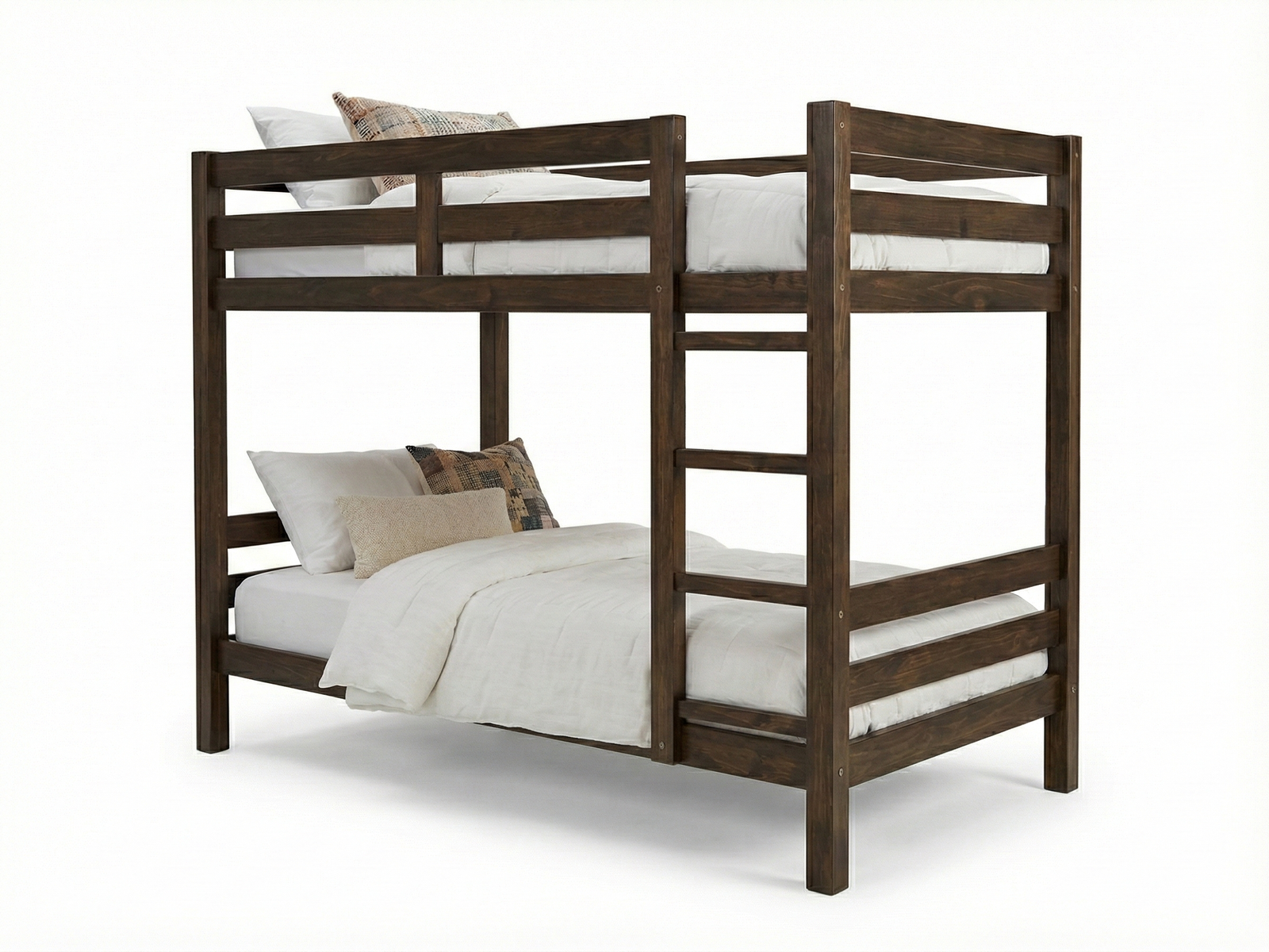 Side view of Olga classic style dark Mahogany wood bunk bed frame (single size) with protective guardrails on the top bunk