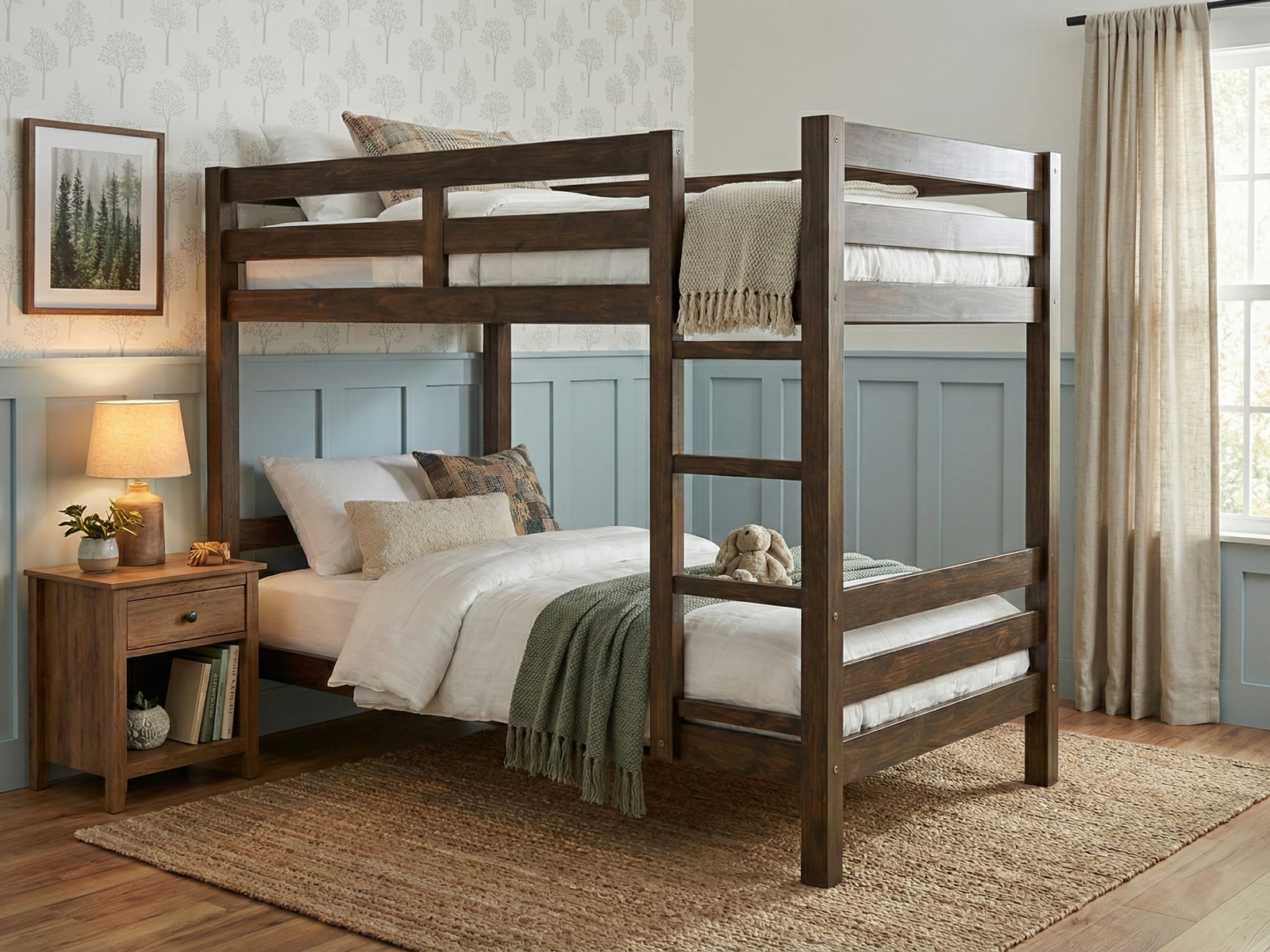 Staged bedroom of dark mahogany wood single-over-single Olga bunk bed with mattresses in a modern room with green walls and white trim