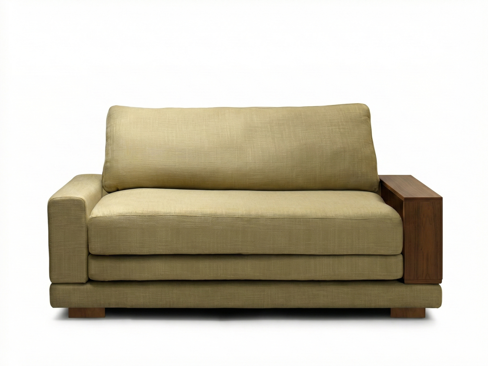 Front view of a modern Sainsbury sofa bed with cream upholstery, isolated on a white background. The sofa has an asymmetrical design, with a thick, fabric-covered armrest on the right and a thin, open, L-shaped dark wood armrest on the left