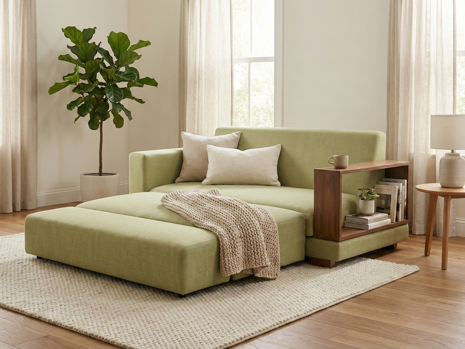 A modern, beige Sainsbury sofa bed is shown unfolded in a living room setting. The sofa has an asymmetrical design, with one thick, fabric-covered armrest and one dark wood armrest featuring built-in shelves. It is placed on a light-colored rug, and a beige blanket and two pillows rests on the sofa bed