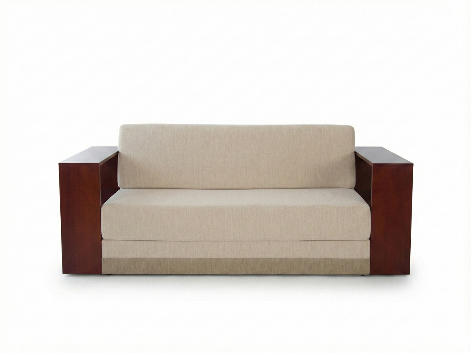 Front view of a contemporary Santabarbra sofa bed isolated on a white background. The sofa has a light beige or cream fabric, a matching base with a slightly darker decorative band, and two rectangular back pillows. The design is framed by wide, solid, dark wood armrests