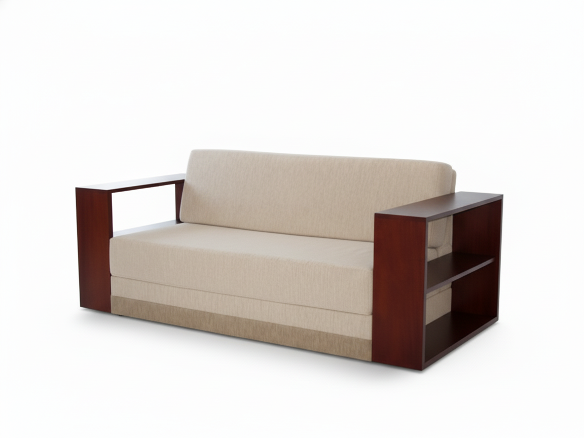 Side view of a contemporary Santabarbra sofa bed isolated on a white background. The sofa has a light beige or cream fabric, a matching base with a slightly darker decorative band, and two rectangular back pillows. The design is framed by wide, solid, dark wood armrests