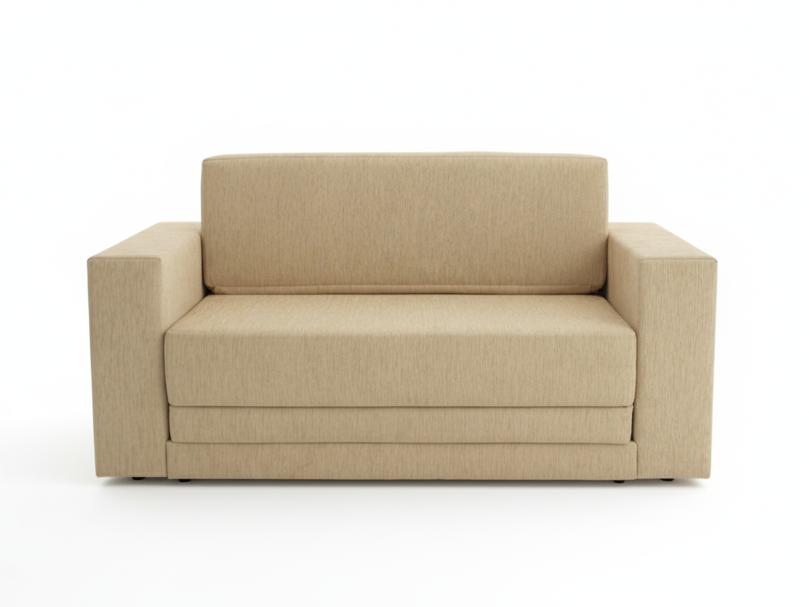 Front view of a modern, beige fabric Stockholm sofa bed shown from the front and isolated on a white background. It has wide, square armrests and five decorative pillows arranged along the back: three solid beige and two with vertical brown and white stripes