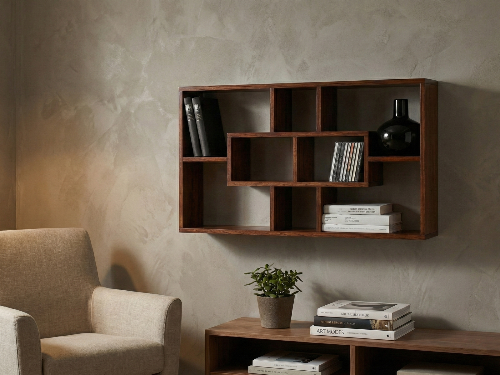 A dark wood, rectangular Upney wall-mounted shelf unit with a modern, open-frame design that forms a nested, asymmetric cubby pattern. It is installed on a textured gray wall, displaying black-spined books, a stack of CDs, and a glossy black vase. Below the unit, a small wooden console table holds a potted plant and a stack of books, and an armchair is visible to the left