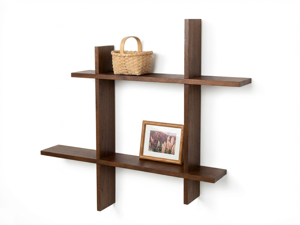 Side view of a modern, dark Mahogany wood Watford wall-mounted shelf unit with a geometric design, featuring two horizontal shelves intersected by three vertical wooden planks, forming an open grid or cross shape