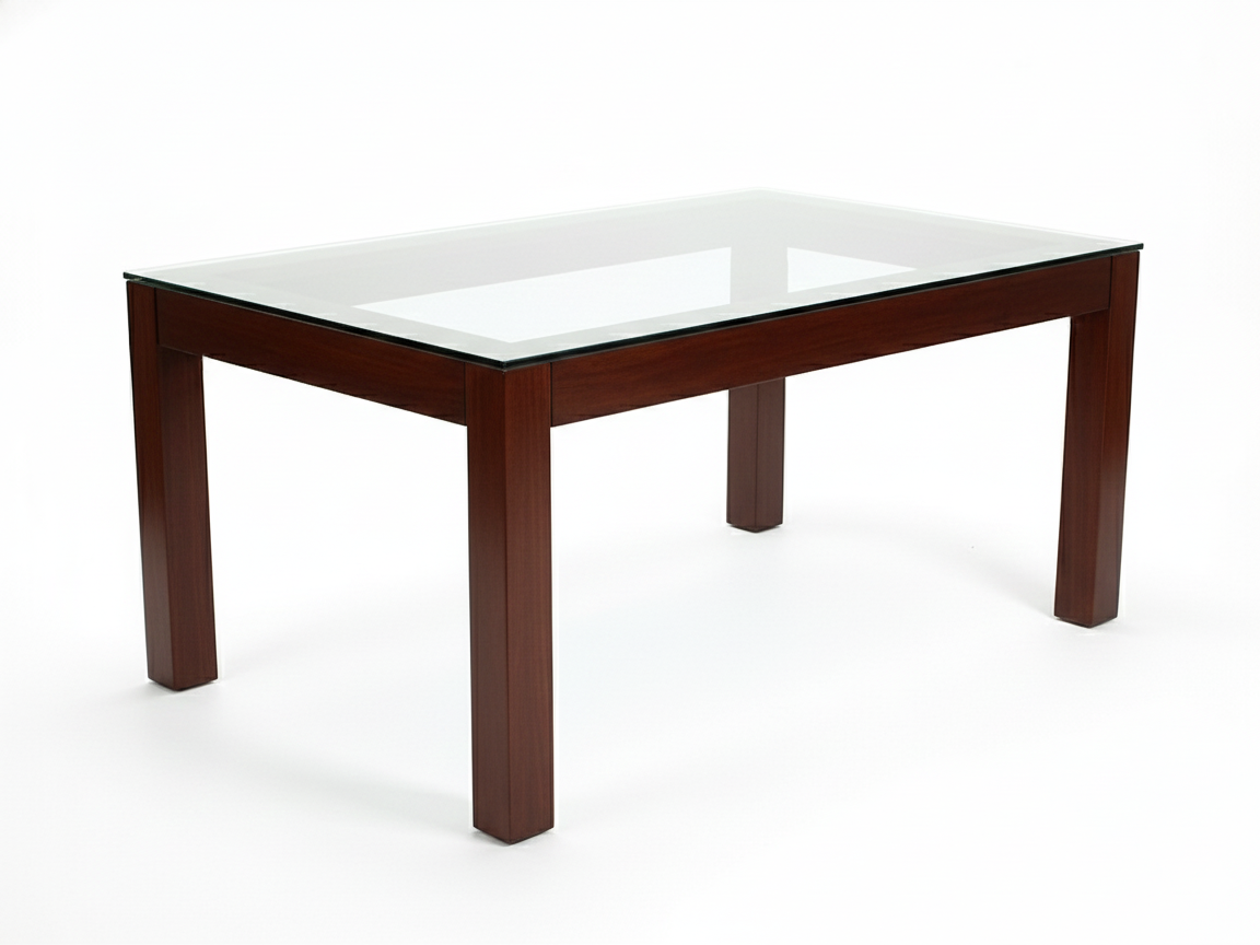 Side view of Adam GT dining table with glass top and square legs and frame made of solid Mahogany wood