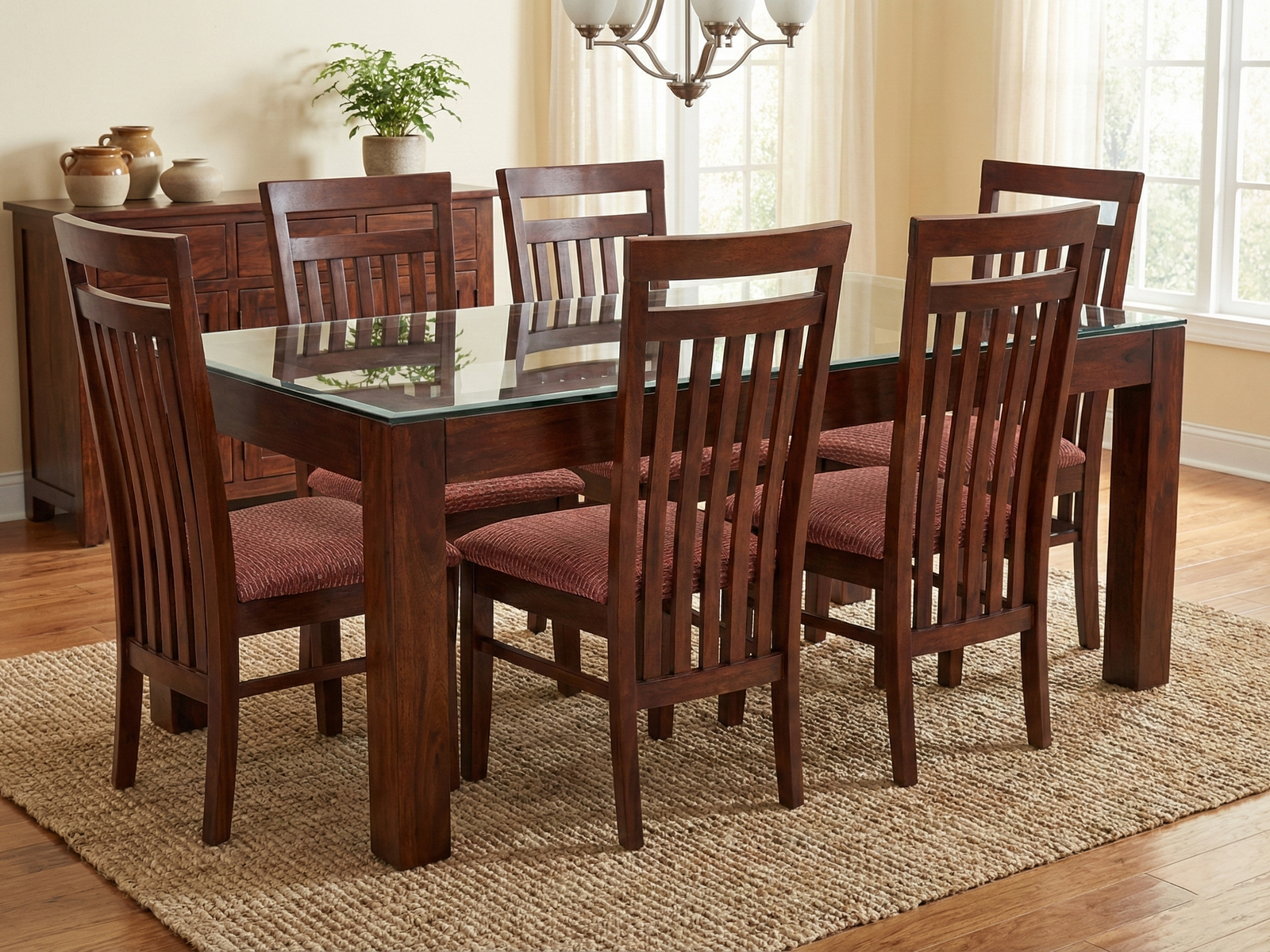 Adam GT 6 seater dining table with glass top and square legs and frame made of solid Mahogany wood in a modern dining room