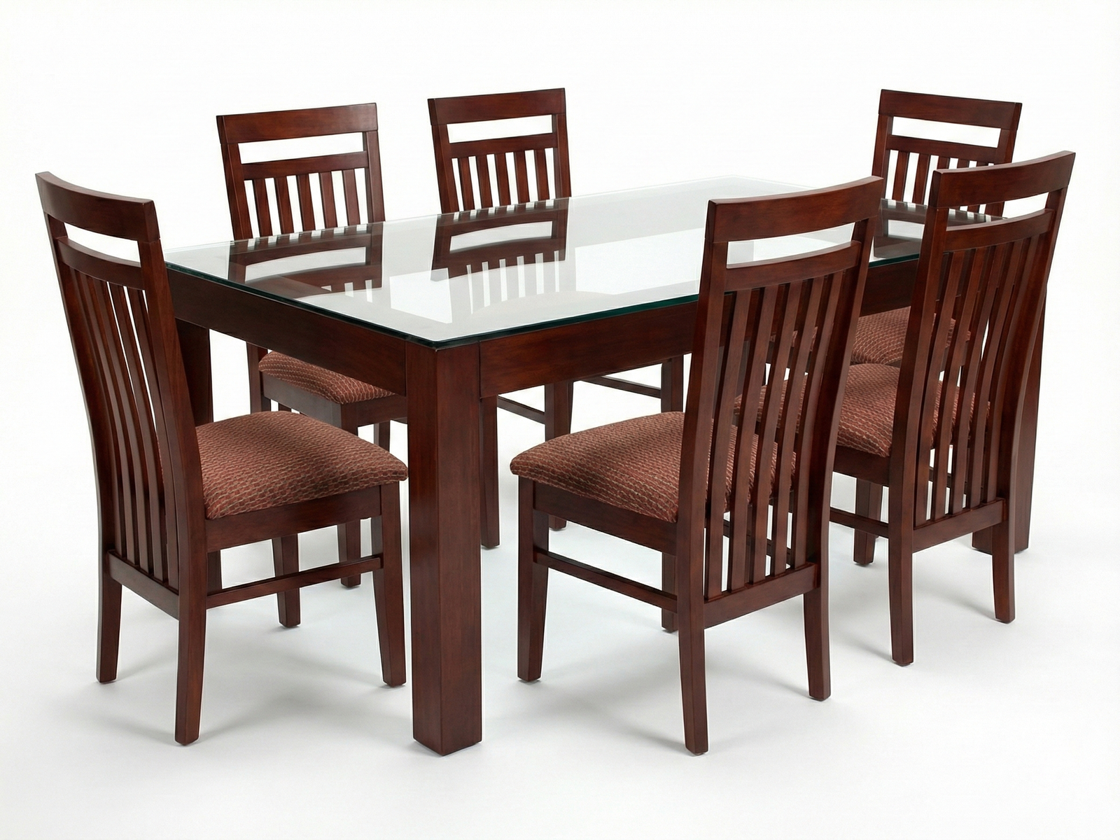 Side view of Adam GT dining table with glass top and square legs and frame made of solid Mahogany wood and 6 Sara Chairs