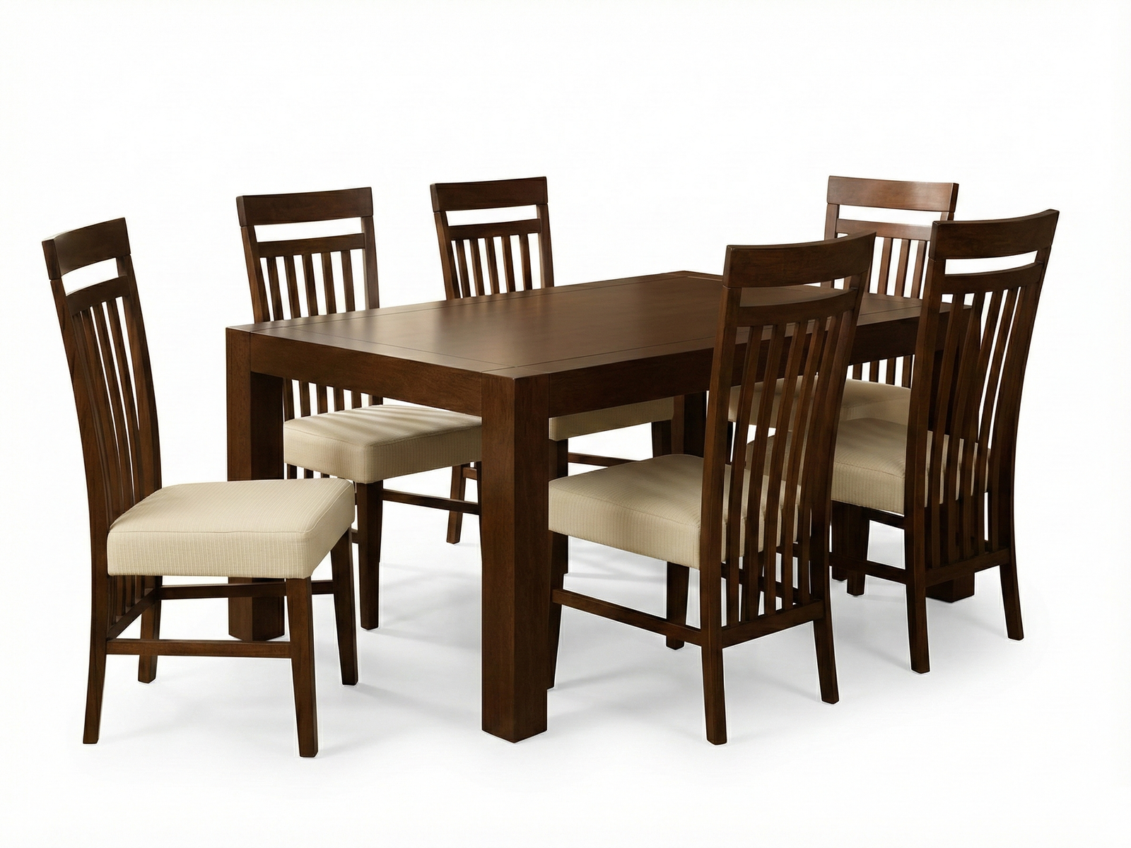 Side view of Adam TT dining table with timber top and square legs and frame made of solid Mahogany wood with 6 Sara Chairs