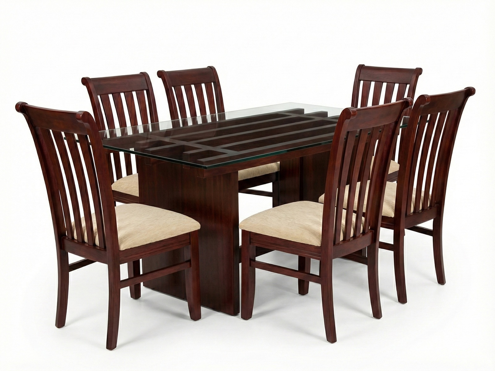 Side view of Alberto GT glass top dining table with chunky, framed side panels using solid Mahogany wood with 6 Sara Chairs
