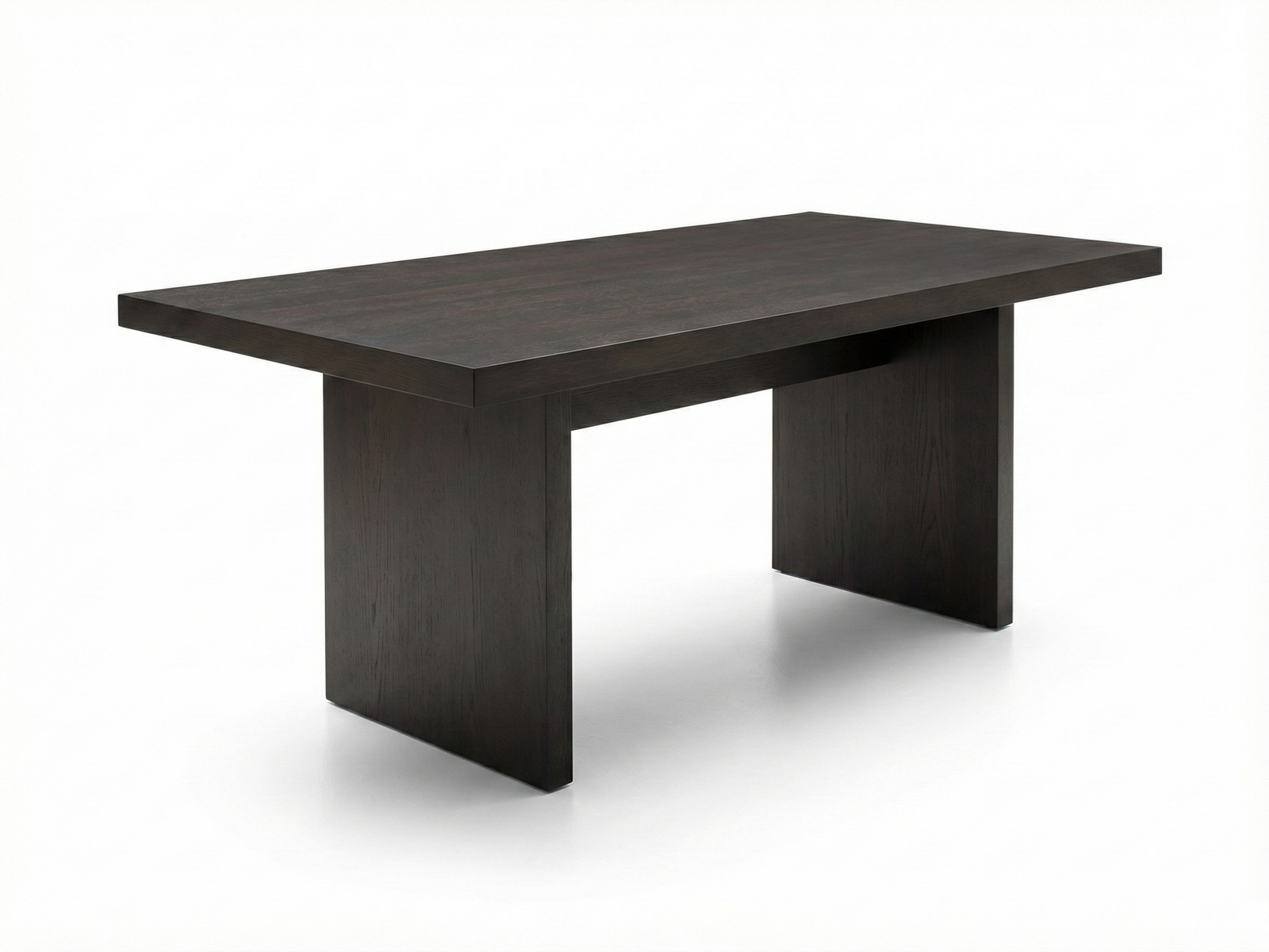 Side view of Alberto TT timber top dining table with chunky, framed side panels using solid Mahogany wood