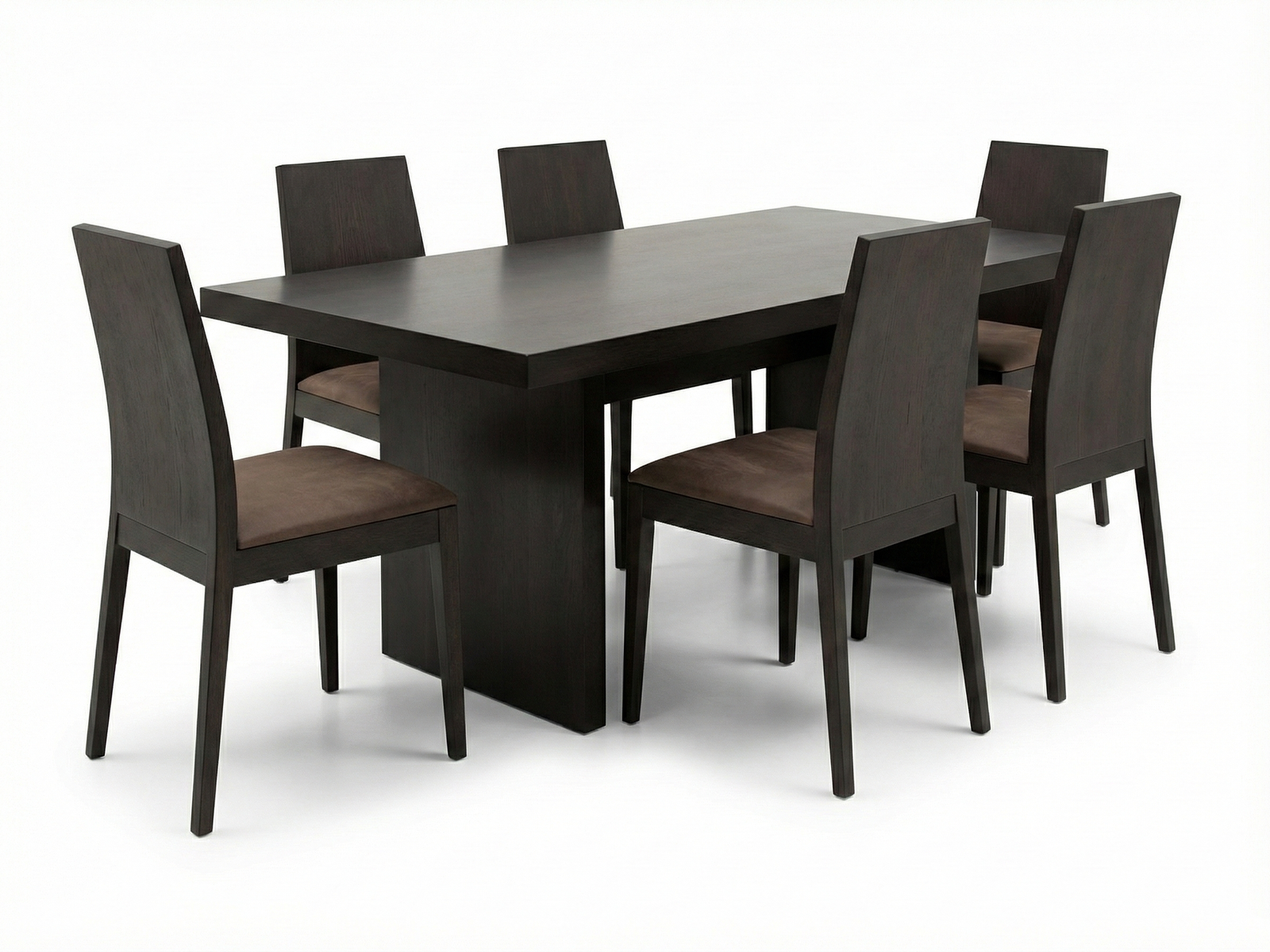 Side view of Alberto TT timber top dining table with chunky, framed side panels using solid Mahogany wood with 6 Gloria Chairs