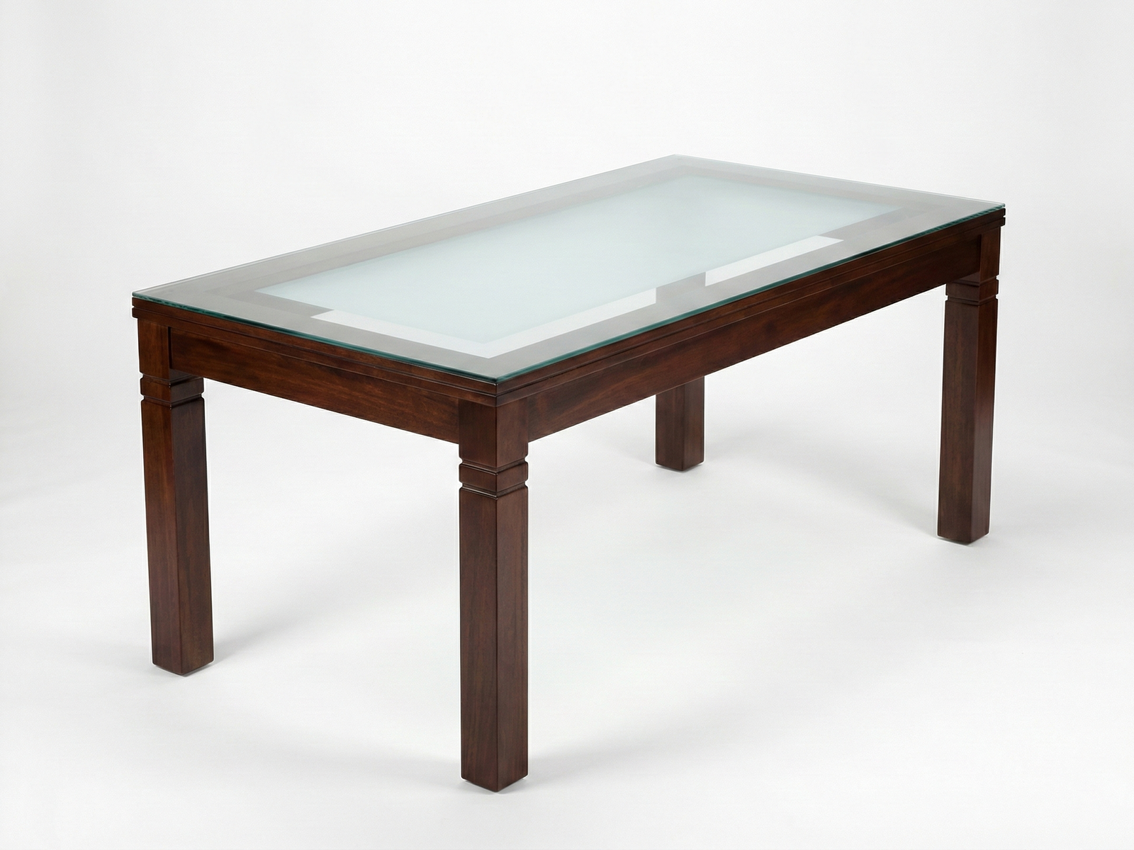 Side view of Andrew GT dining table with glass top and chunky square legs and frame made of solid Mahogany wood