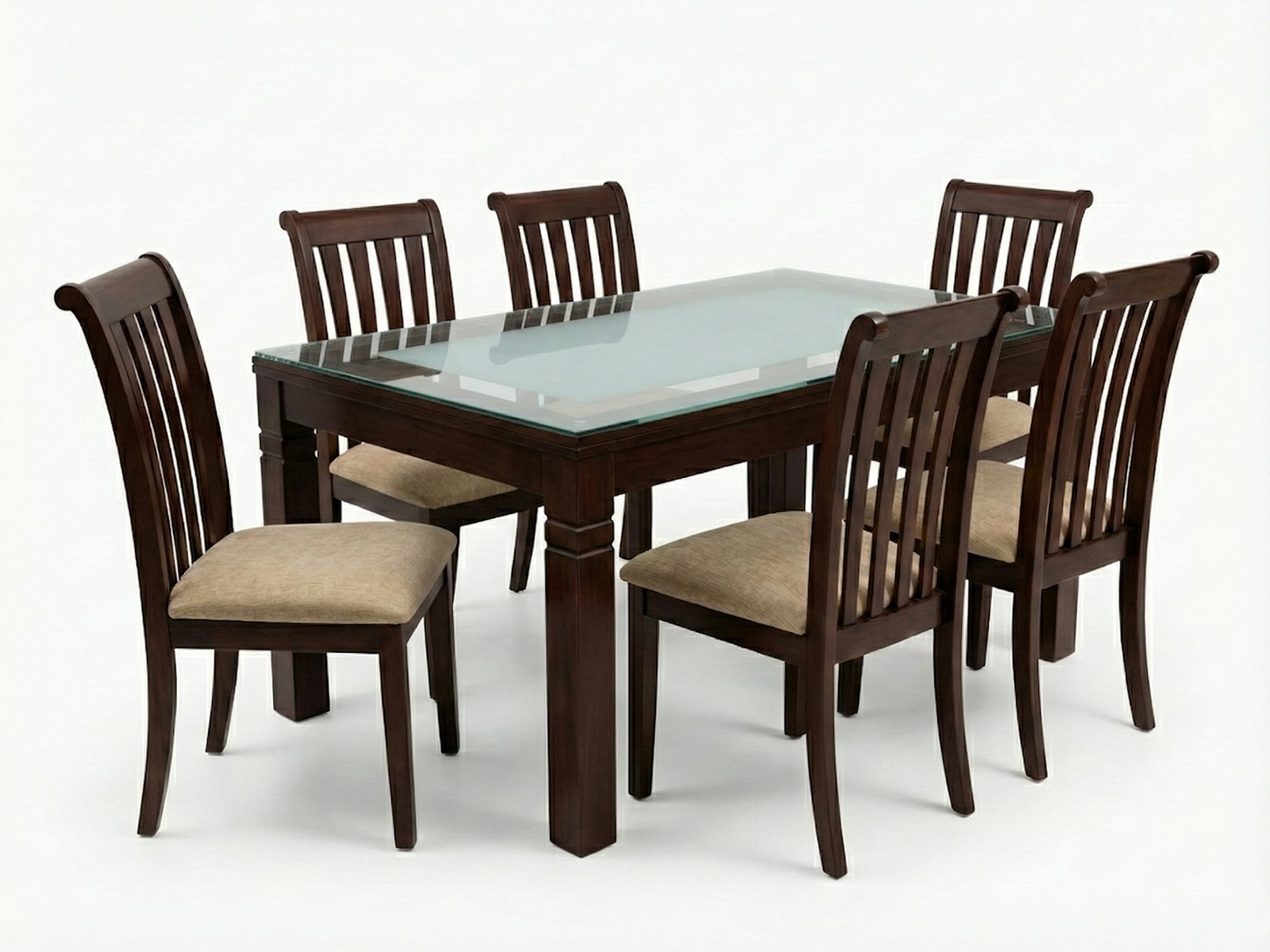Side view of Andrew GT dining table with glass top and chunky square legs and frame made of solid Mahogany wood with 6 Saa Chairs