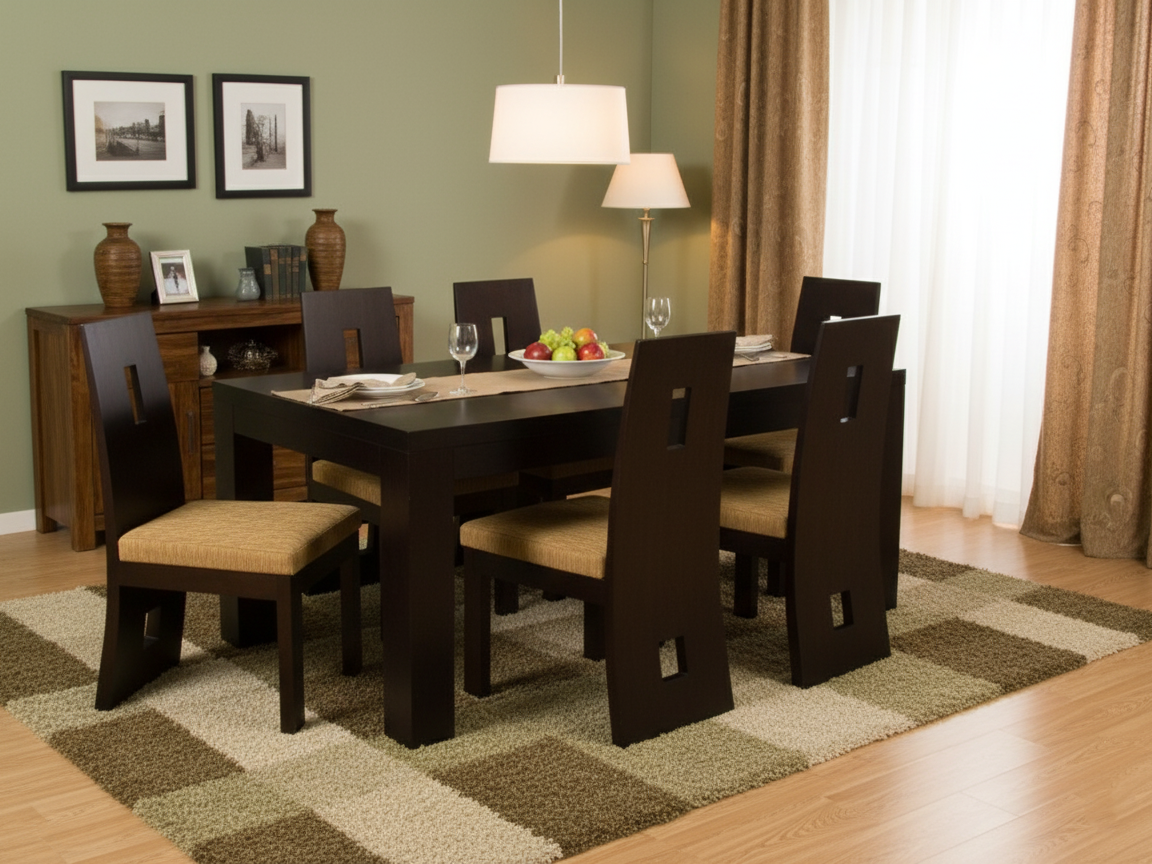Andrew S1 6 seater dining table with solid top joined to chunky, square and clean lined legs with 6 dining chairs in a modern dining room