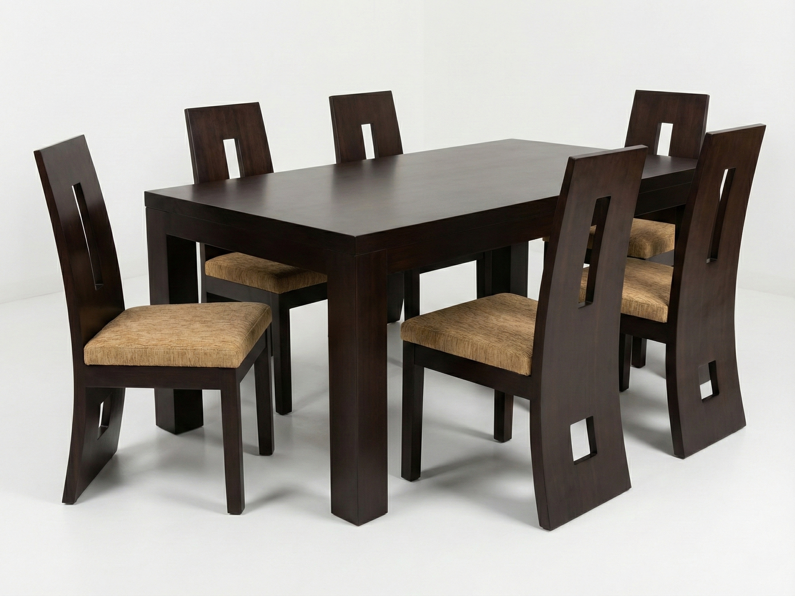Side view of Andrew S1 dining table with solid top joined to chunky, square and clean lined legs with 6 Chairs