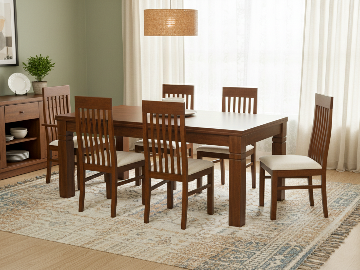 Andrew TT 6 seater dining table with solid top joined to chunky, square legs with groves and 6 dining chairs in a modern dining room