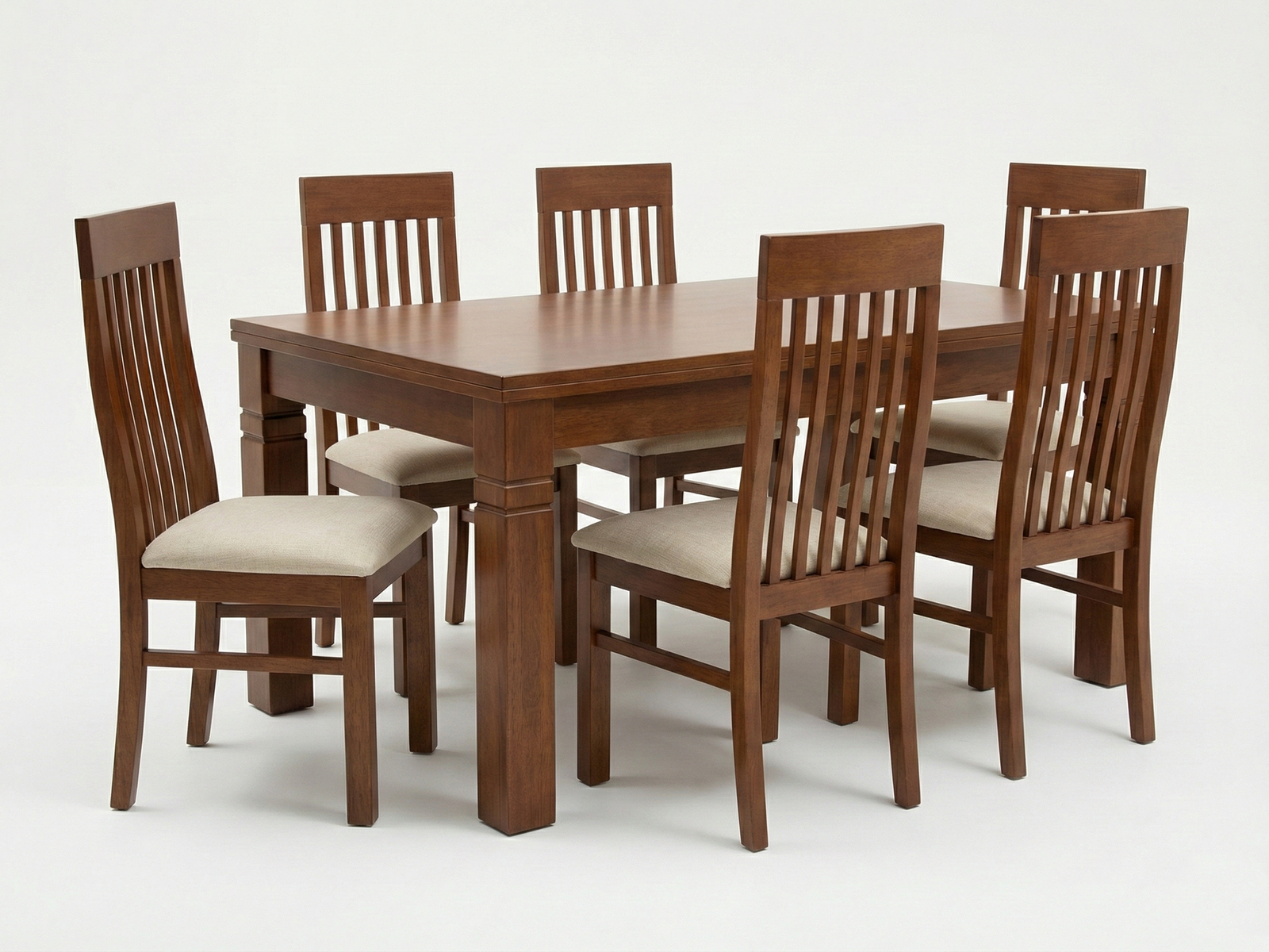 Side view of Andrew TT dining table with solid top joined to chunky, square legs with grooves with 6 Bella Chairs