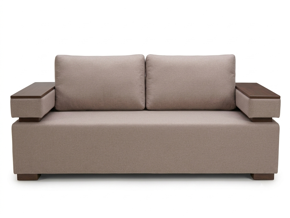 Front view of Armstrong TP fully upholstered beige two seater sofa with 10" wide arms with timber plates on arms and fitted seat cushion