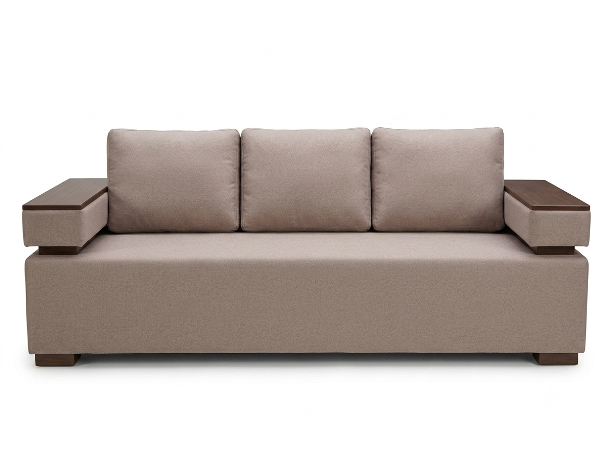 Front view of Armstrong TP fully upholstered beige three seater sofa with 10" wide arms with timber plates on arms and fitted seat cushion