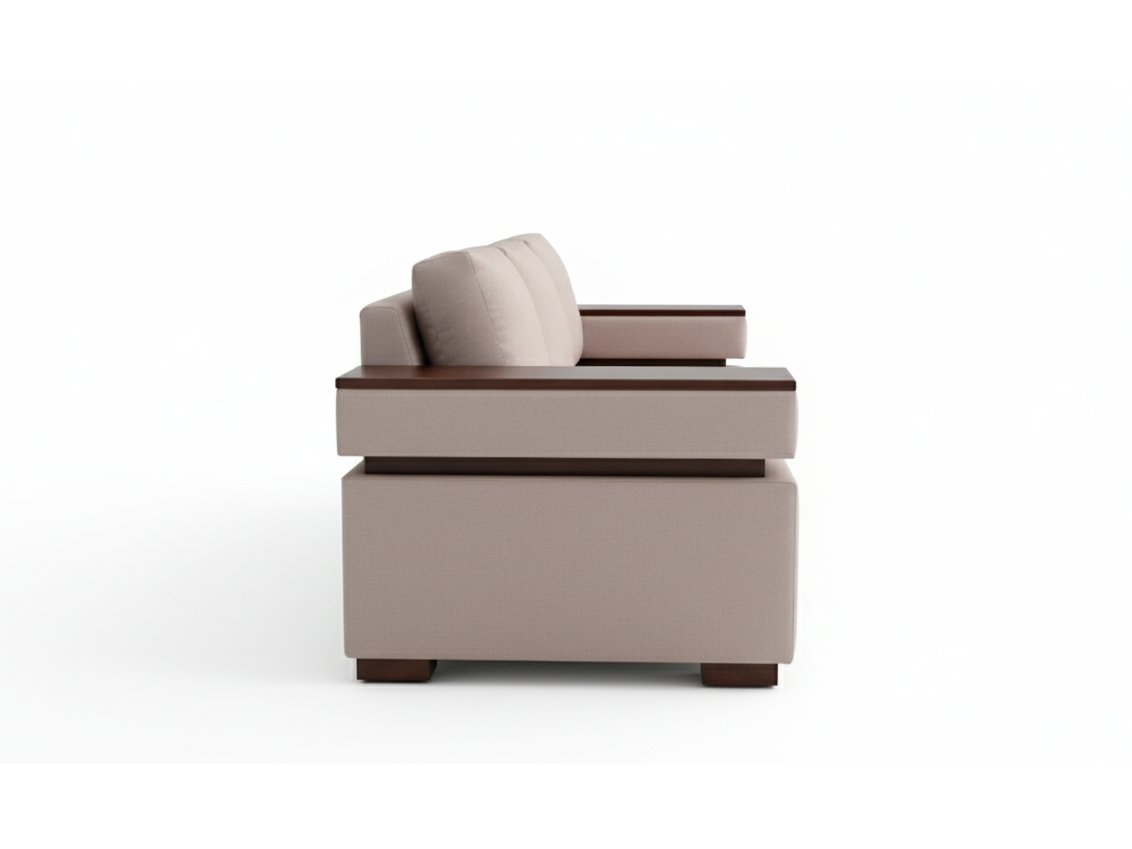 Side view of Armstrong TP fully upholstered beige three seater sofa with 10" wide arms with timber plates on arms and fitted seat cushion