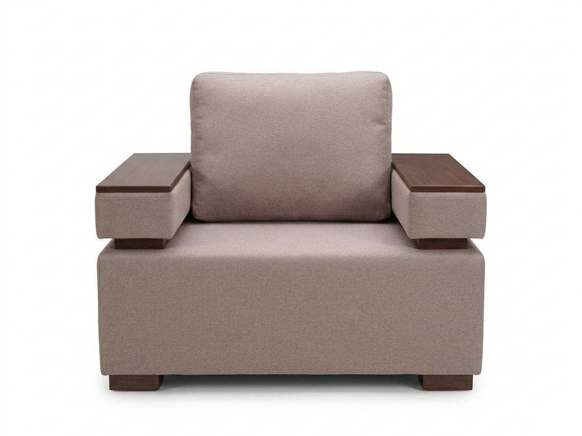 Front view of Armstrong TP fully upholstered beige single seater sofa with 10" wide arms with timber plates on arms and fitted seat cushion